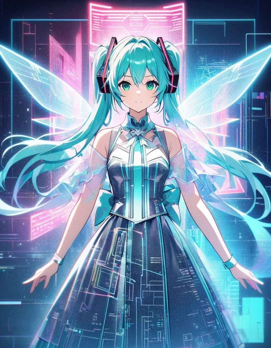 in style of blueprint art , in style of Light tracing ,in style of data visualization design ，Hatsune Miku has a pair of transparent wings，Royal sister clothing，Wear iconic outfits and hairstyles，Green extra long double ponytails，Ethereal Holographic Center, neon lights, Founding Angel, Transparent holographic existence, projection mapping，blue background，, beautiful details