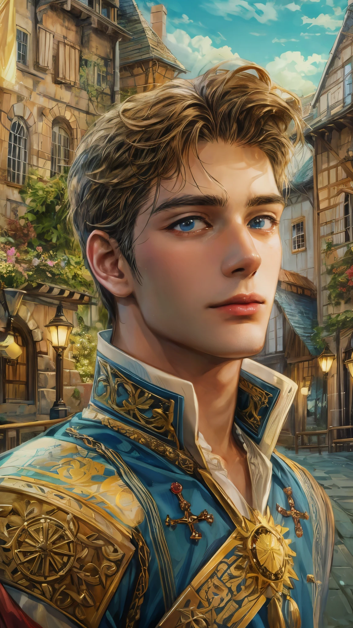 (absurdres, highres, ultra detailed, HDR), masterpiece, best quality, close-up portrait of a prince character from "Disney", a male hero in a detailed scenery town, detailed background scenery 