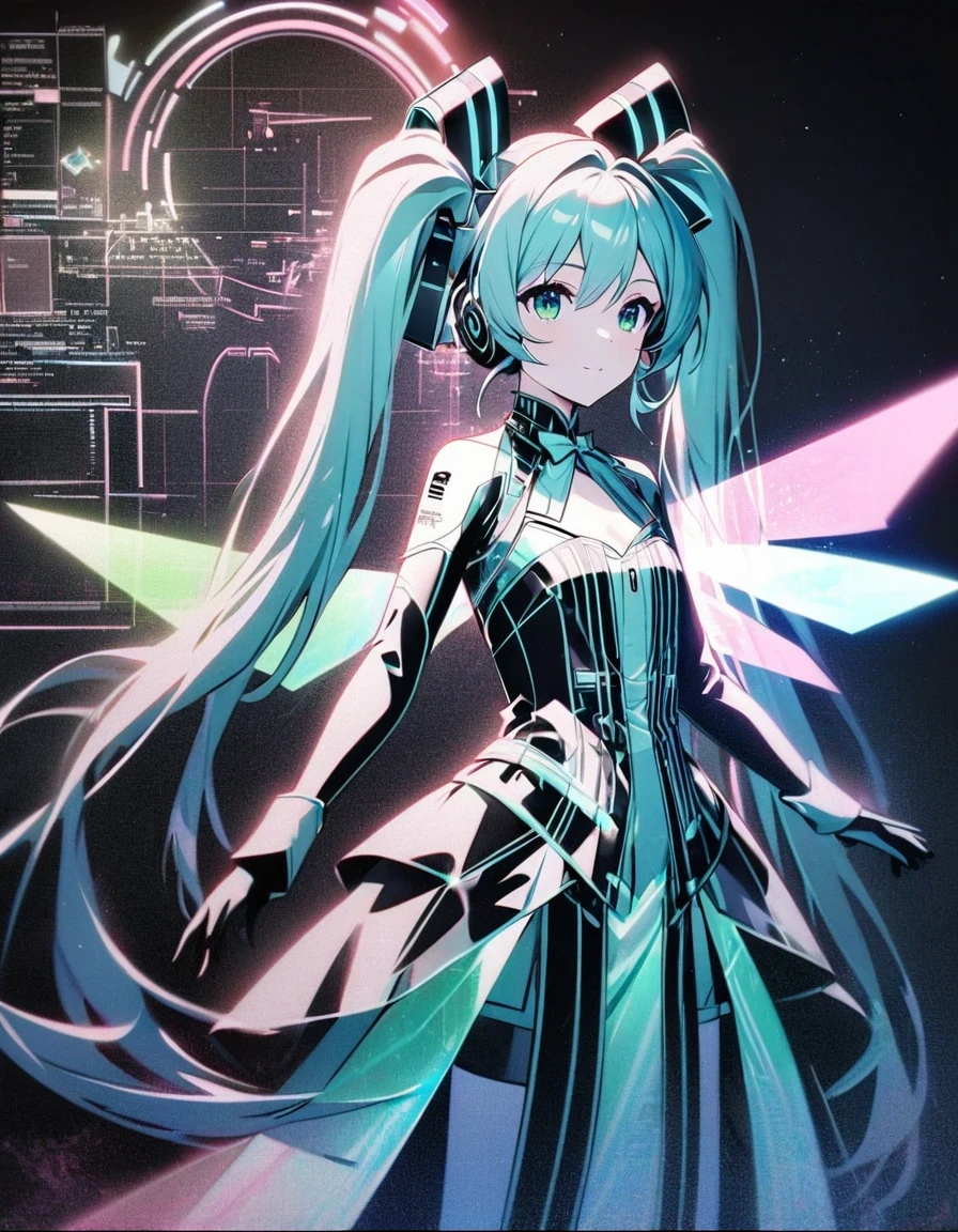 in style of blueprint art , in style of Light tracing ,Hatsune Miku has a pair of transparent wings，Royal sister clothing，Wear iconic outfits and hairstyles，Green extra long double ponytails，Ethereal Holographic Center, neon wings, Founding Angel, Transparent holographic existence, projection mapping，black background，in style of data visualization design , beautiful details