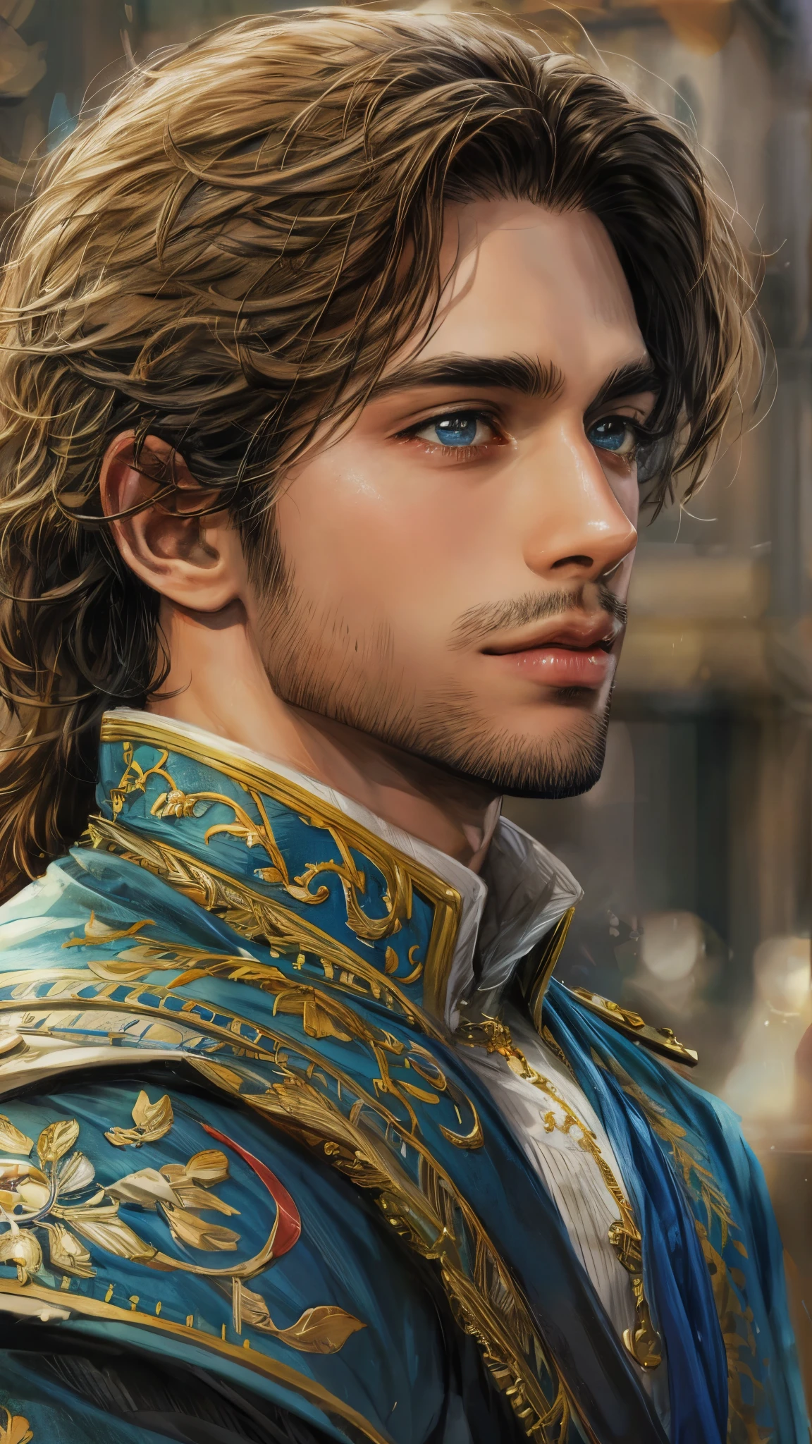 (absurdres, highres, ultra detailed, HDR), masterpiece, best quality, close-up portrait of a prince character from "Disney", a male hero in a detailed scenery town, detailed background scenery
