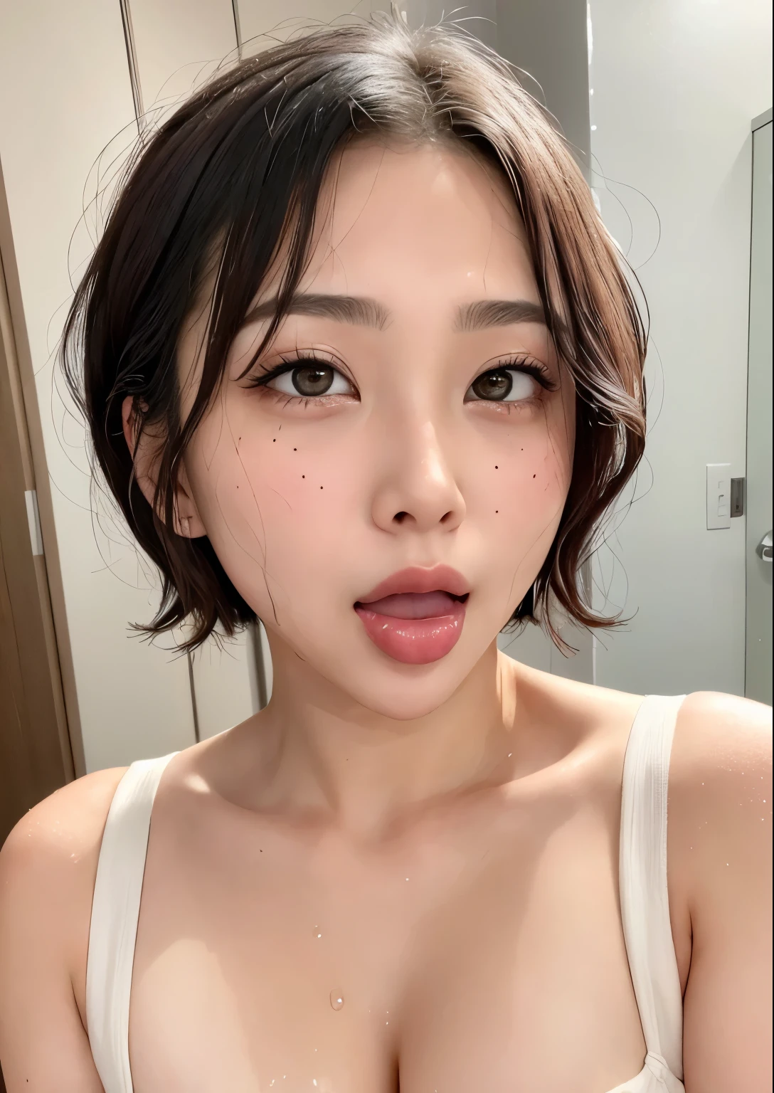 (highest quality:1.1), (masterpiece:1.2), (realistic:1.2), (become familiar with:1.1),  very beautiful face、Random hairstyles for short hair or updo、、wet hair、wet skin、blush:1.6、expression of ecstasy、High orgasm、A painful look、 Blowjob, 1 Japanese girl, oral,Very thick penis,  liquid dripping all over the face、18 ～ Random age between 35 years