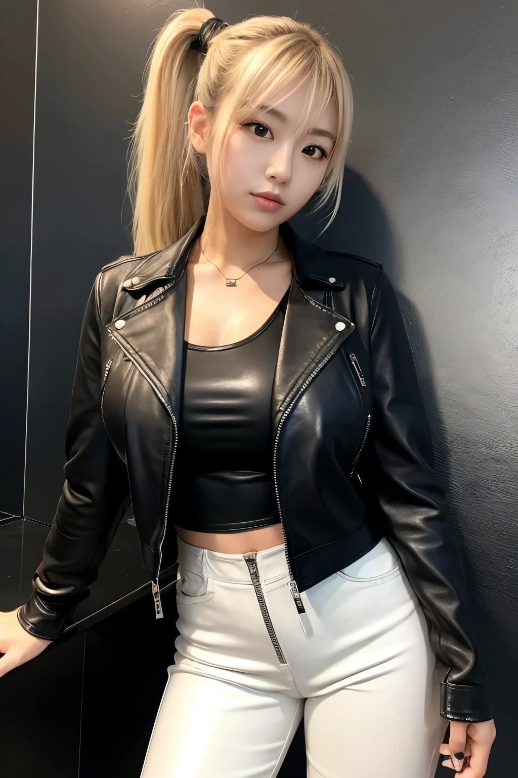 Blonde、With bangs、Twin tails、Big Breasts、Sexy Body、Black leather jacket（Inner white sports bra）、Black pleated skirt、Black knee-high boots、Standing in front of a white background