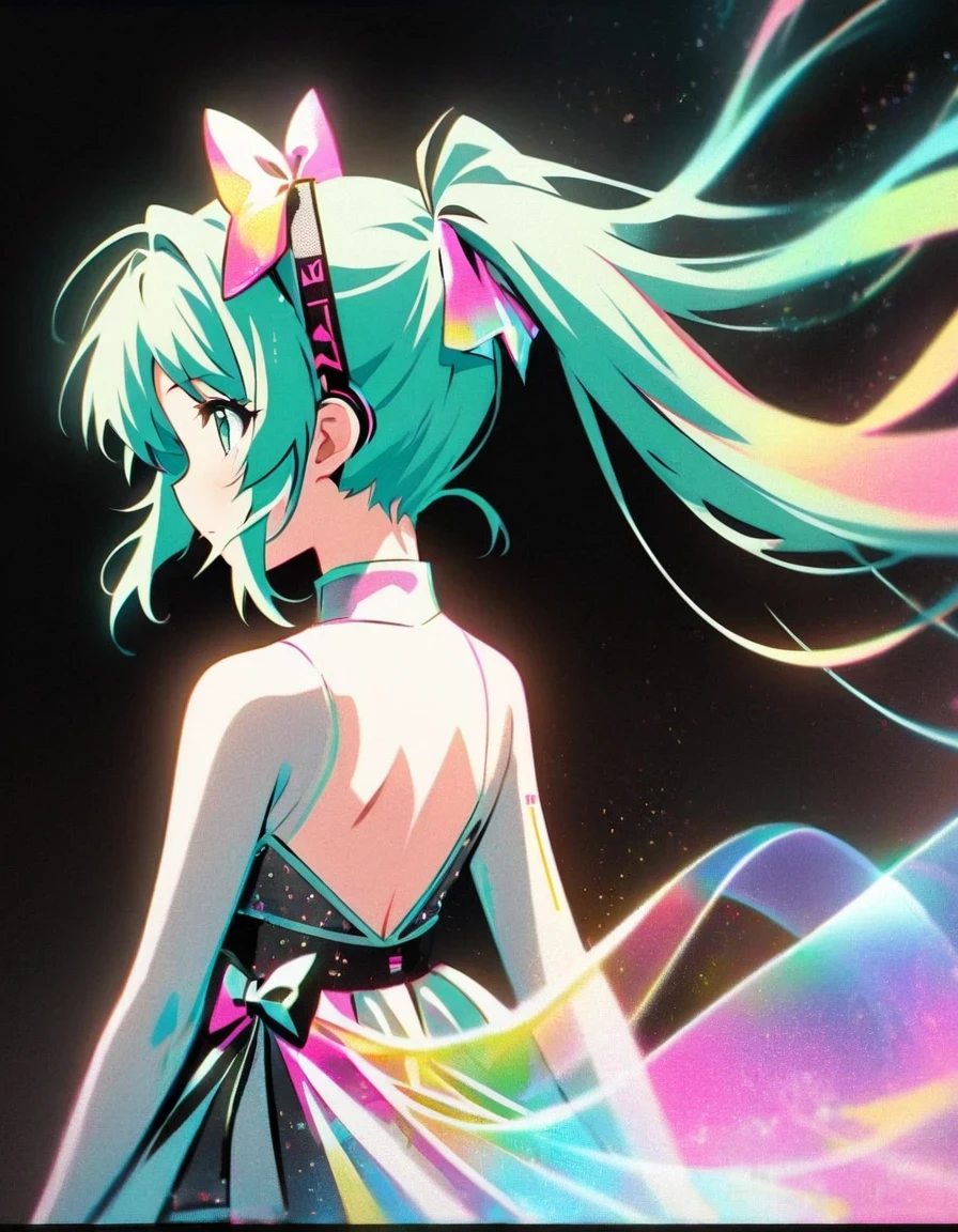 in style of comic book ，in style of Light tracing ,（Hatsune Miku is wearing a pair of transparent bows），back view，Wear iconic outfits and hairstyles，（Green extra long twin ponytails），Ethereal Holographic Center, neon bow, Founding Angel, Transparent holographic existence，black background，in style of data visualization design , beautiful details