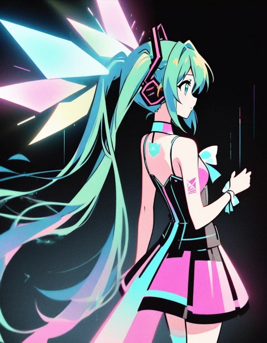 in style of comic book ，in style of Light tracing ,Hatsune Miku is wearing a pair of transparent bows，back view，Wear iconic outfits and hairstyles，Green extra long double ponytails，Ethereal Holographic Center, neon wings, Founding Angel, Transparent holographic existence, projection mapping，black background，in style of data visualization design , beautiful details