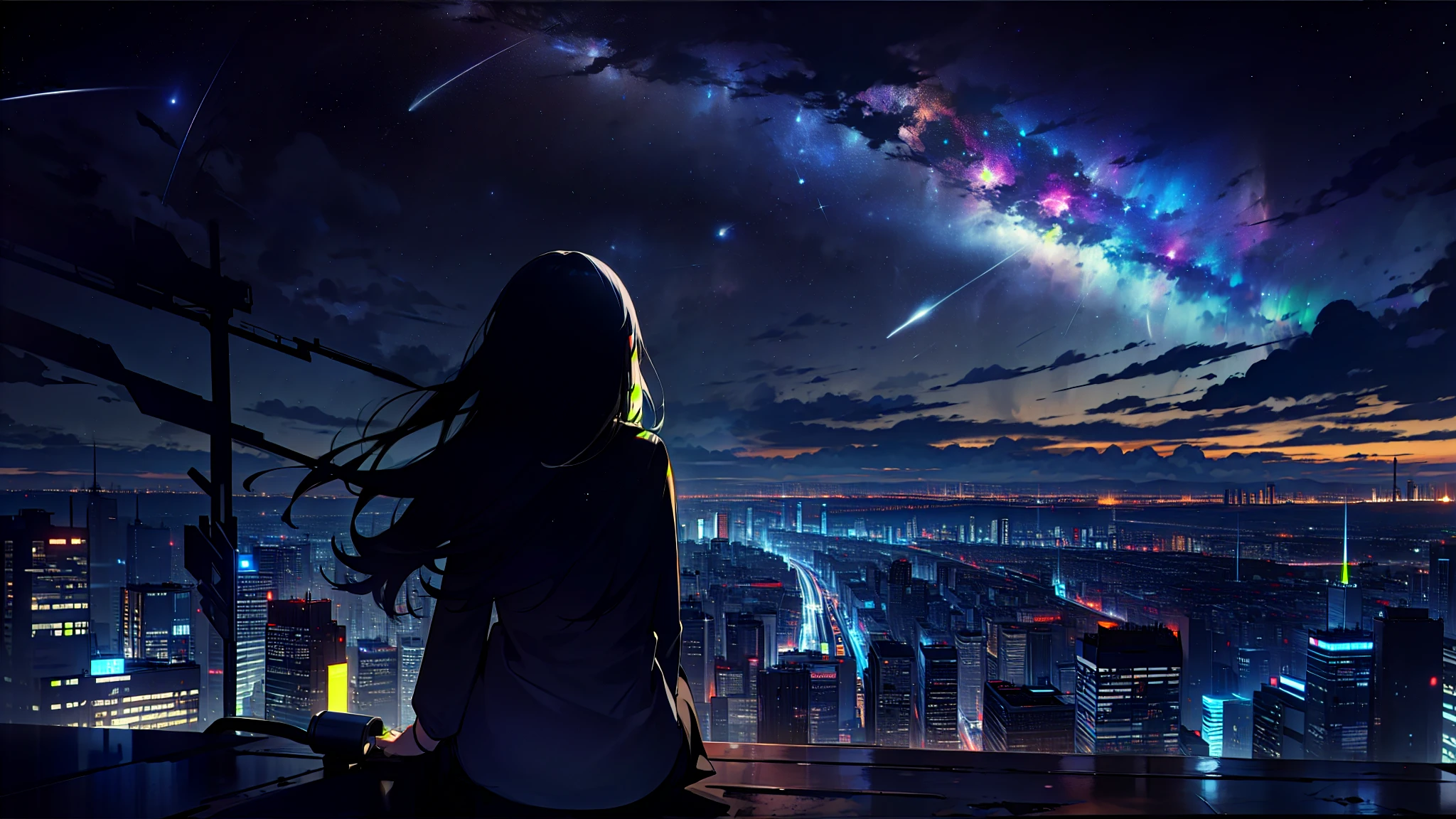 null, star (null), scenery, starry null, night, 1 girl, night null, alone, outdoor, building, cloud, milky way, sitting, wood, long hair, city, silhouette, cityscape