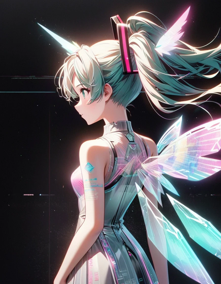 in style of Light tracing ,Hatsune Miku carries a pair of transparent wings，back view，Wear iconic outfits and hairstyles，Green extra long double ponytails，Ethereal Holographic Center, neon wings, Founding Angel, Transparent holographic existence, projection mapping，black background，in style of data visualization design , beautiful details