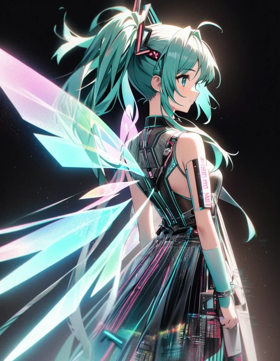 in style of Light tracing ,Hatsune Miku carries a pair of transparent wings，back view，Wear iconic outfits and hairstyles，Green extra long double ponytails，Ethereal Holographic Center, neon wings, Founding Angel, Transparent holographic existence, projection mapping，black background，in style of data visualization design , beautiful details