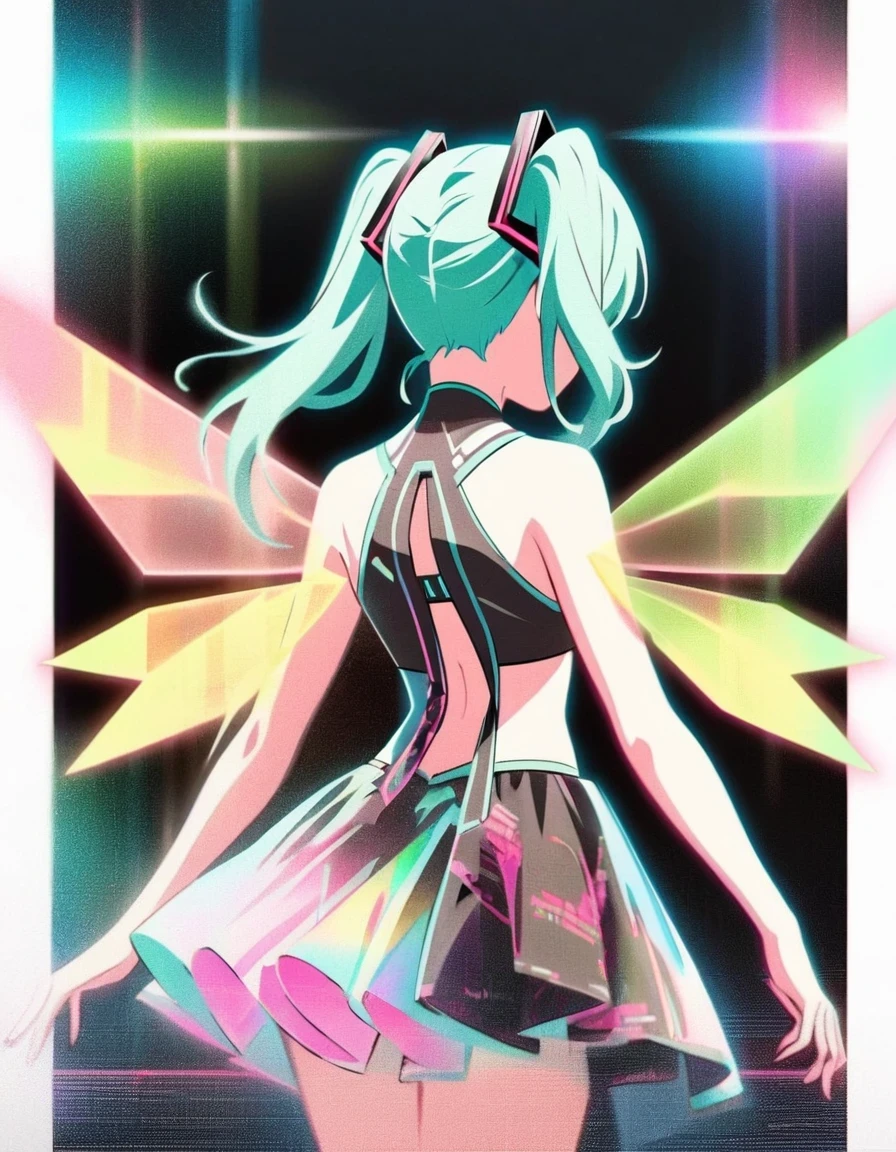 in style of comic book ，in style of Light tracing ,Hatsune Miku carries a pair of transparent wings，back view，Wear iconic outfits and hairstyles，Green extra long double ponytails，Ethereal Holographic Center, neon wings, Founding Angel, Transparent holographic existence, projection mapping，black background，in style of data visualization design , beautiful details