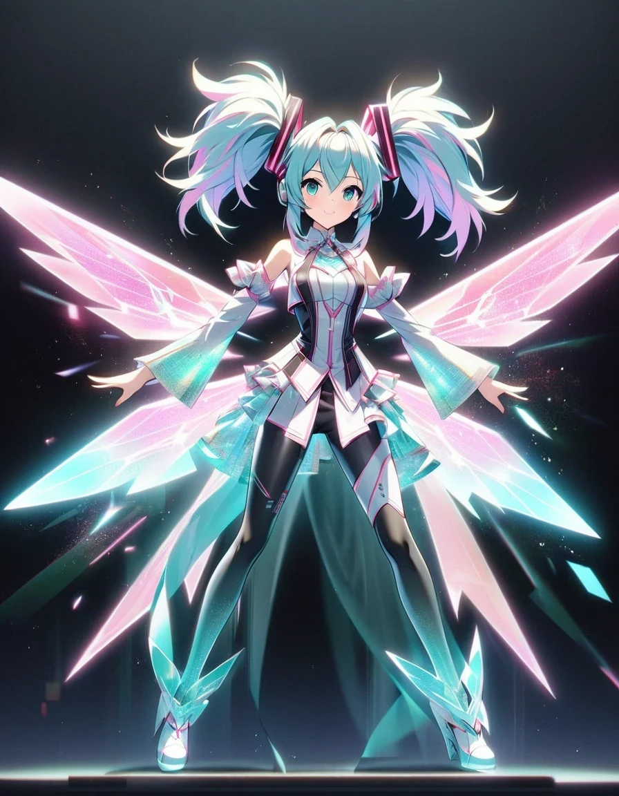 in style of Light tracing ,Hatsune Miku has a pair of transparent wings，Royal sister clothing，Wear iconic outfits and hairstyles，Green extra long double ponytails，Ethereal Holographic Center, neon wings, Founding Angel, Transparent holographic existence, projection mapping，black background，in style of data visualization design , beautiful details