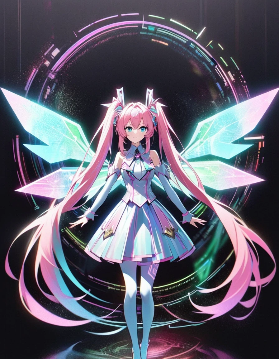 in style of Light tracing ,Hatsune Miku has a pair of transparent wings，Royal sister clothing，Wear iconic outfits and hairstyles，Green extra long double ponytails，Ethereal Holographic Center, neon wings, Founding Angel, Transparent holographic existence, projection mapping，black background，in style of data visualization design , beautiful details