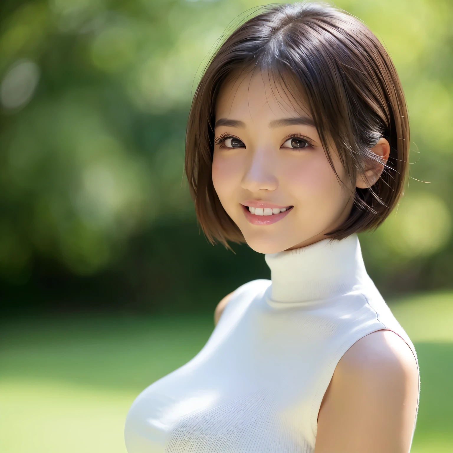 (highest quality、table top、8K、best image quality、Award-winning work)、( girl:1.)、(Perfect Sleeveless Turtleneck Knit Sweater Dress:1.3)、(short hair:1.1)、(very young girl's face:1.5)、the best smile looking at me、(super huge breasts:1.6)、Exactly、(photo from the chest up:1.1)、(Photo from the side:1.5)、(Huge lateral breasts:1.5)、(emphasize body line:1.2)、low length、(glamorous body:1.2)、(Chubby body type:1.2)、(Beautiful park background with strong blur:1.1)、The most natural and perfect beauty park、A perfectly maintained normal park、stand gracefully、Refreshing scenery、natural makeup、Ultra high definition beauty face、(Super high resolution perfect teeth:1.1)、ultra high definition hair、Super high-definition sparkling eyes、(Super high resolution glossy skin:1.1)、Super high resolution glossy lips、(accurate anatomy:1.1)、(very bright and vivid:1.3)、(Beautiful skin that shines brightly:1.3)