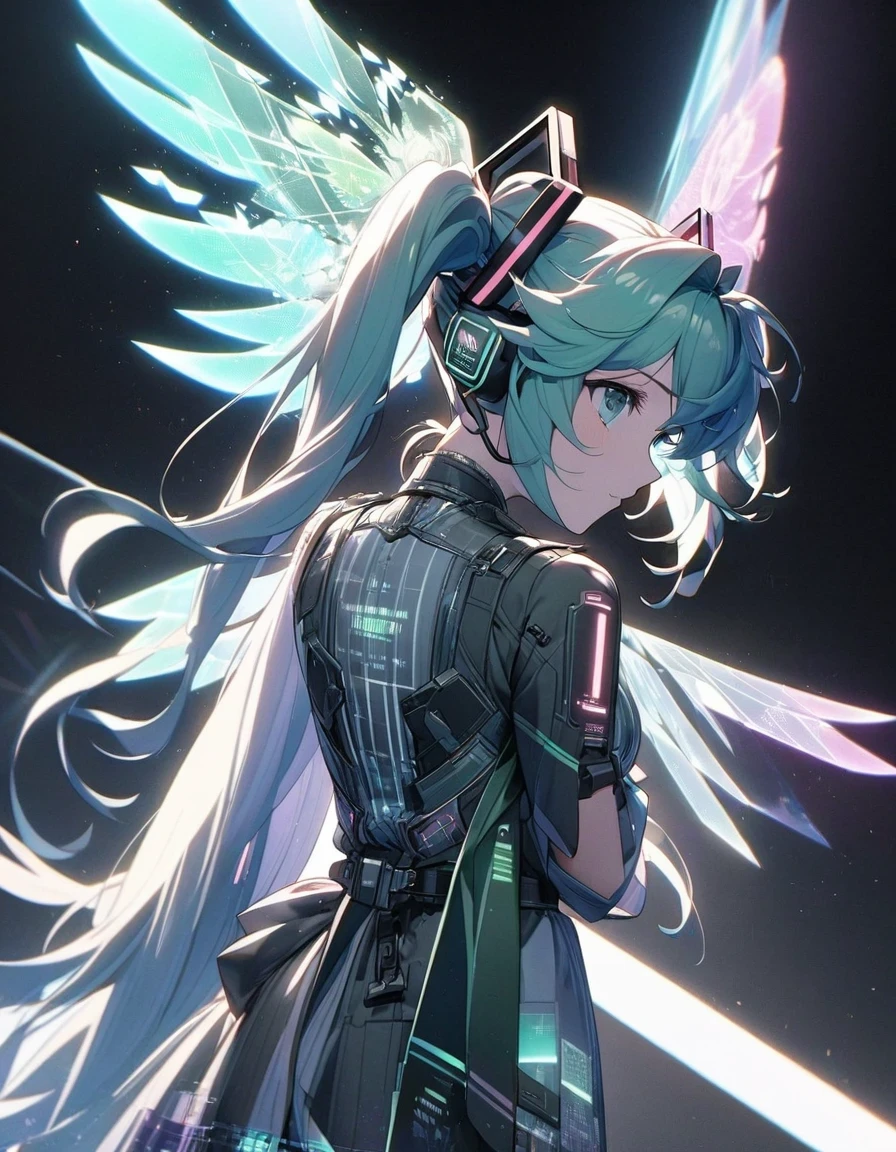 in style of Light tracing ,in style of data visualization design ，（Hatsune Miku is singing with wings），Side back，Wear iconic outfits and hairstyles，Green extra long double ponytails，Ethereal Holographic Center, neon wings, Founding Angel, Transparent holographic existence, projection mapping，black background，, beautiful details，Looking up angle