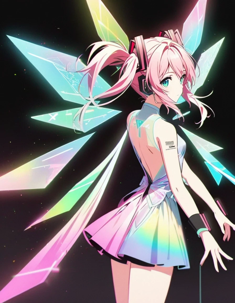 in style of Light tracing ,Hatsune Miku carries a pair of transparent wings，back view，Wear iconic outfits and hairstyles，Green extra long double ponytails，Ethereal Holographic Center, neon wings, Founding Angel, Transparent holographic existence, projection mapping，black background，in style of data visualization design , beautiful details