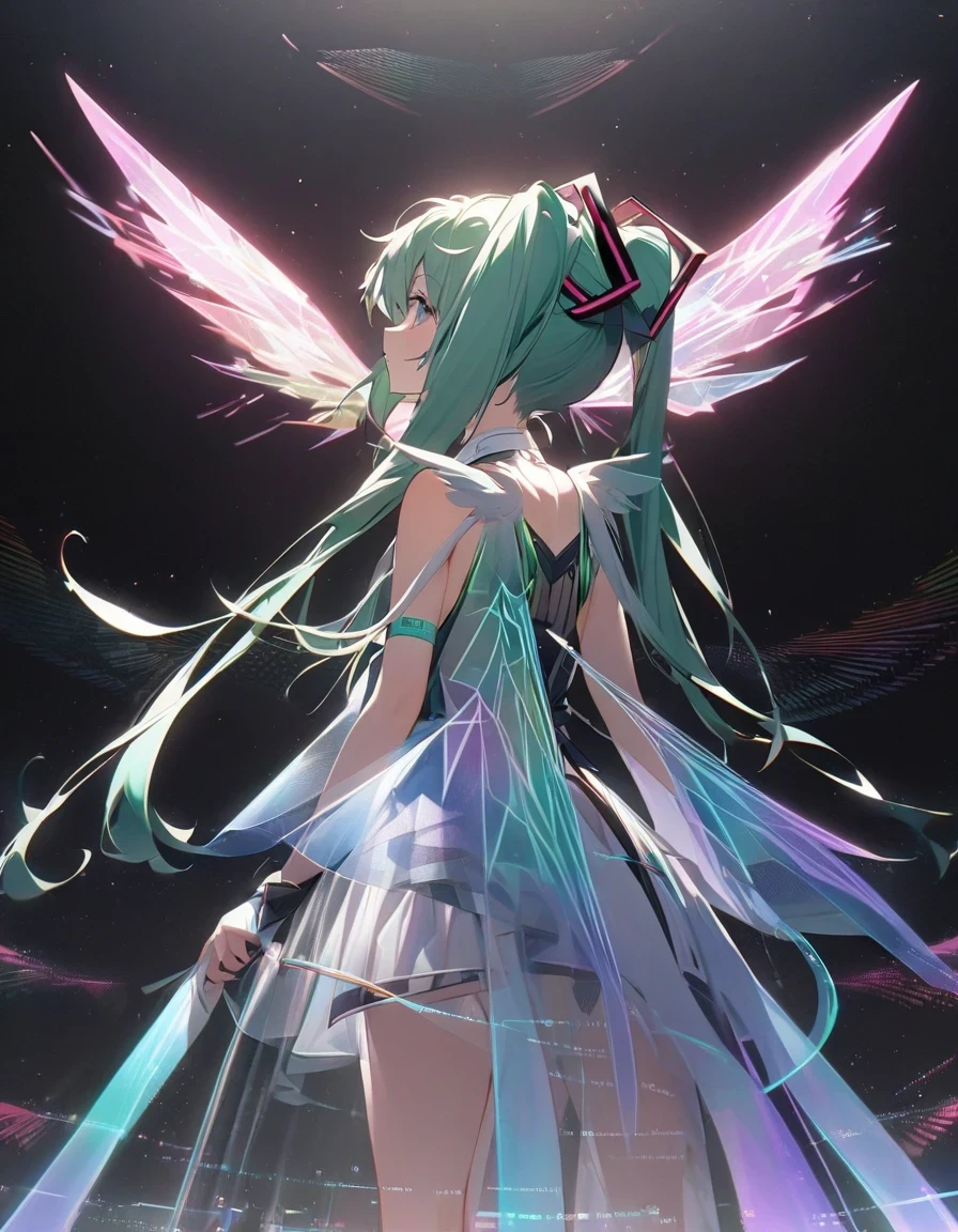 in style of Light tracing ,in style of data visualization design ，（Hatsune Miku is singing with wings），Side back，Wear iconic outfits and hairstyles，Green extra long double ponytails，Ethereal Holographic Center, neon wings, Founding Angel, Transparent holographic existence, projection mapping，black background，, beautiful details，Looking up angle