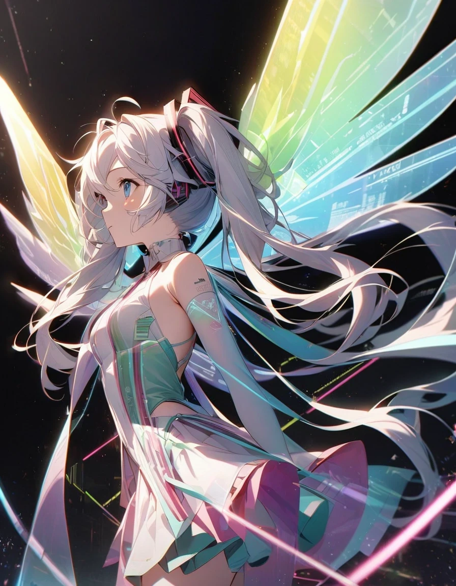 in style of Light tracing ,in style of data visualization design ，（Hatsune Miku is singing with wings），Side back，Wear iconic outfits and hairstyles，Green extra long double ponytails，Ethereal Holographic Center, neon wings, Founding Angel, Transparent holographic existence, projection mapping，black background，, beautiful details，Looking up angle