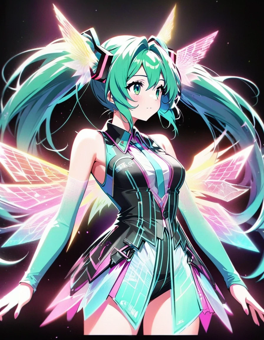 in style of Light tracing ,Hatsune Miku&#39;s back wearing wings，Wear iconic outfits and hairstyles，Green extra long double ponytails，Ethereal Holographic Center, neon wings, Founding Angel, Transparent holographic existence, projection mapping，black background，in style of data visualization design , beautiful details