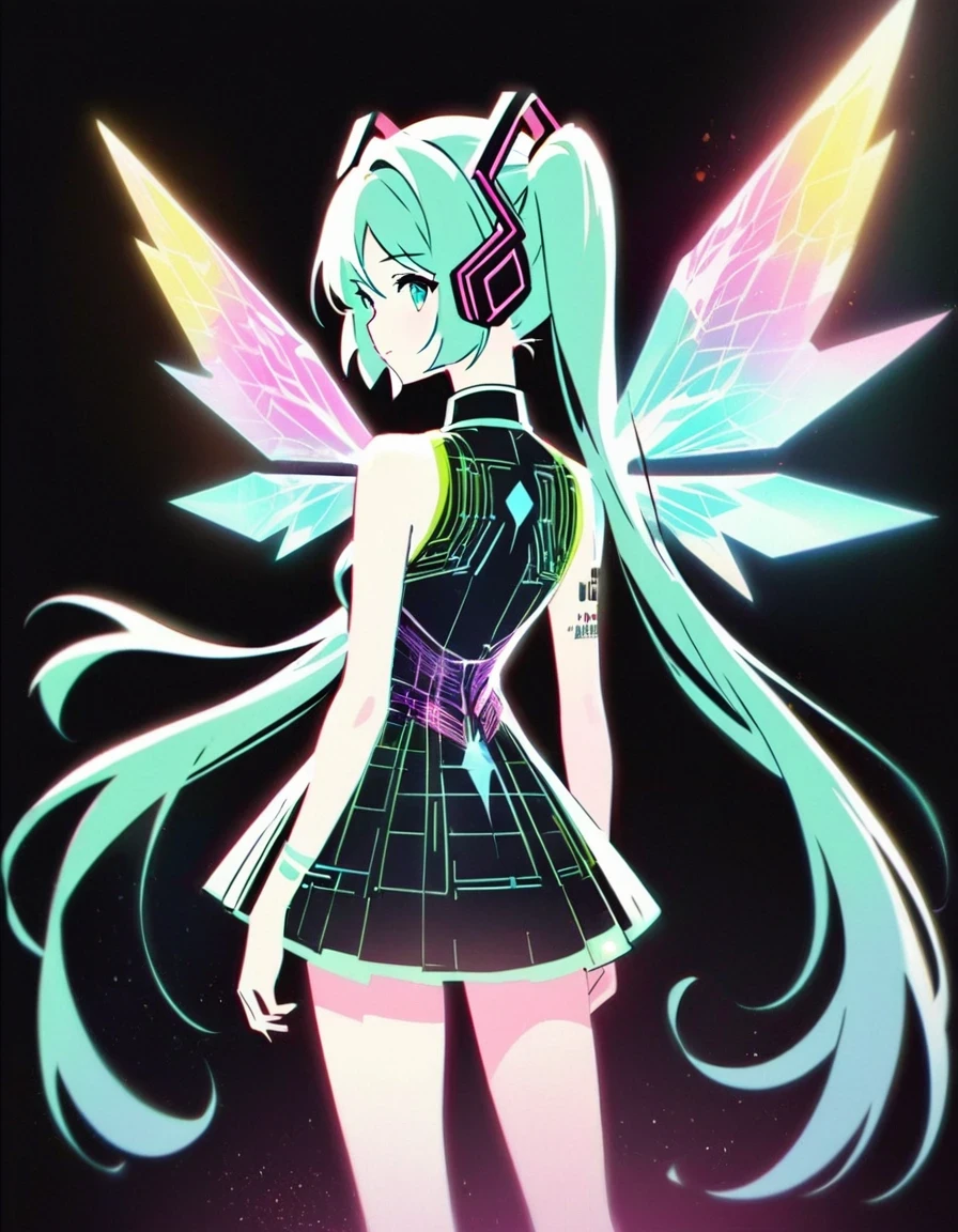 in style of Light tracing ,Hatsune Miku carries a pair of transparent wings，back view，Wear iconic outfits and hairstyles，Green extra long double ponytails，Ethereal Holographic Center, neon wings, Founding Angel, Transparent holographic existence, projection mapping，black background，in style of data visualization design , beautiful details