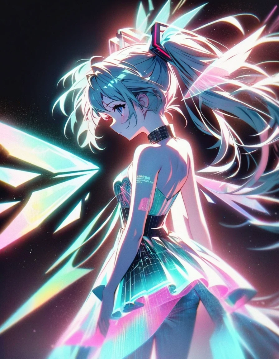 in style of Light tracing ,Hatsune Miku carries a pair of transparent wings，back view，Wear iconic outfits and hairstyles，Green extra long double ponytails，Ethereal Holographic Center, neon wings, Founding Angel, Transparent holographic existence, projection mapping，black background，in style of data visualization design , beautiful details