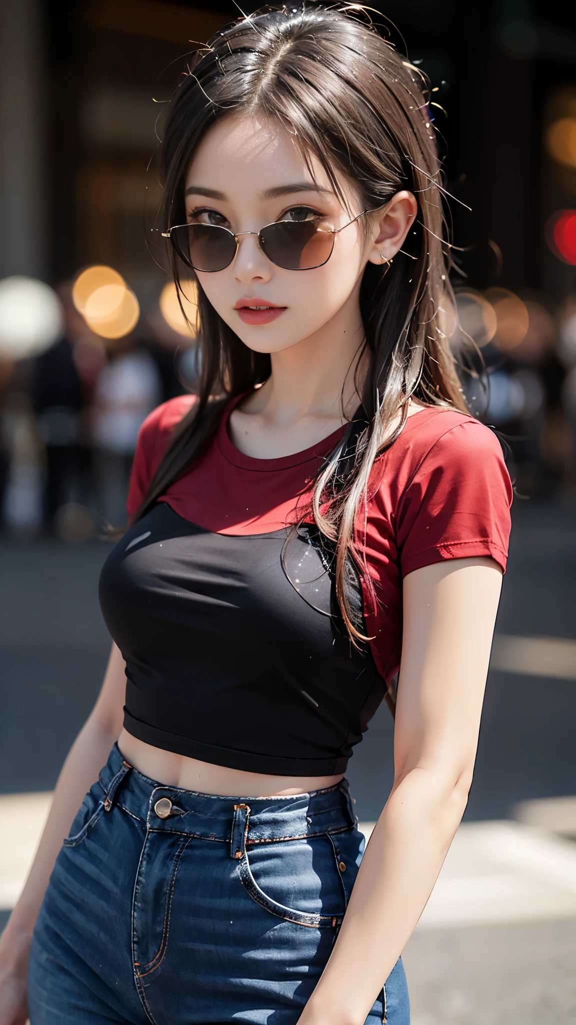 (best quality:1.2,4k ultra hd:1.2), a girl, beautiful face, full and glossy lips, long flowing hair, perfectly straightened, small breasts, (gradient red t-shirt:1.5), (black straps t-shirt:1.4), bare arms, black jeans, complete with a cap, (sparkling sunglasses:1.5), capturing her character and charm, with a blurred background enhancing the relaxed atmosphere, showcasing her confidence and elegance,