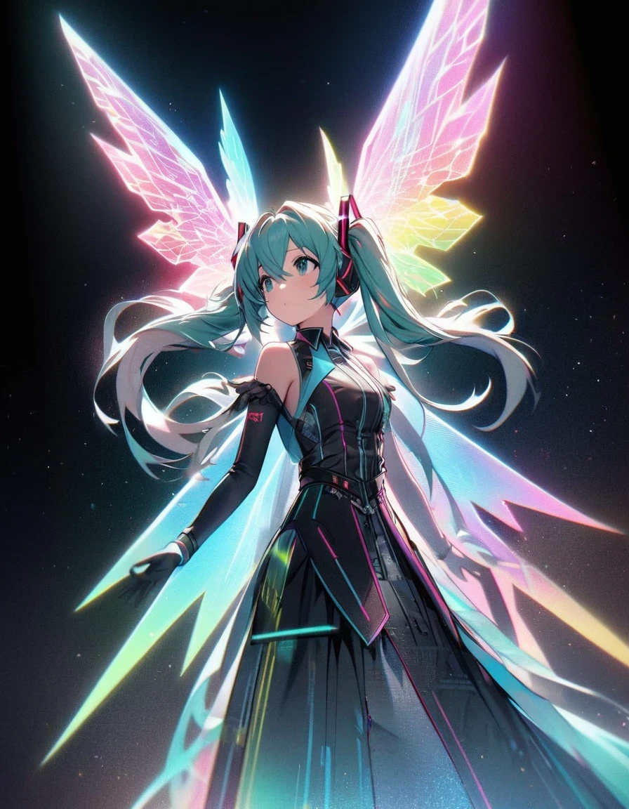 in style of Light tracing ,in style of data visualization design ，（Hatsune Miku is singing with wings），Side back，Wear iconic outfits and hairstyles，Green extra long double ponytails，Ethereal Holographic Center, neon wings, Founding Angel, Transparent holographic existence, projection mapping，black background，, beautiful details，Looking up angle