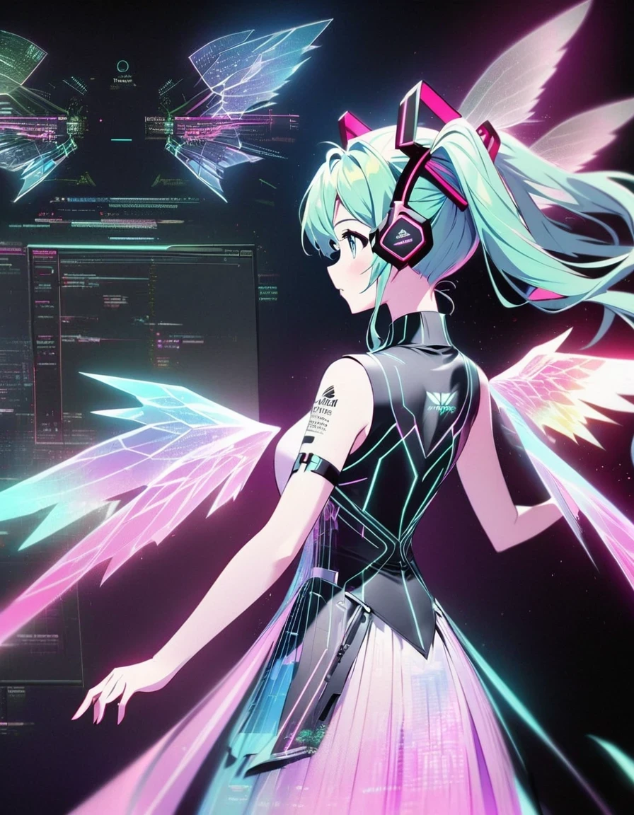 in style of Light tracing ,Hatsune Miku&#39;s back wearing wings，Wear iconic outfits and hairstyles，Green extra long double ponytails，Ethereal Holographic Center, neon wings, Founding Angel, Transparent holographic existence, projection mapping，black background，in style of data visualization design , beautiful details