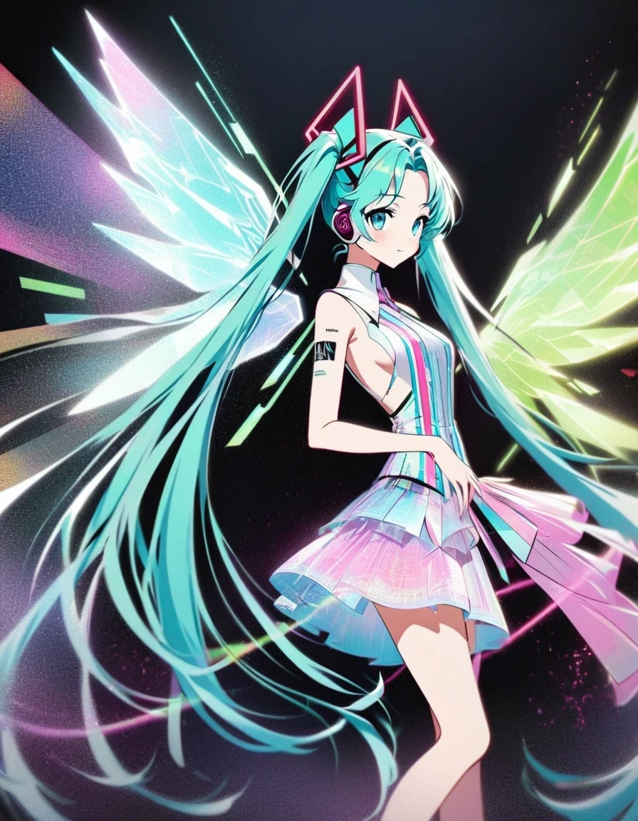 in style of Light tracing ,Hatsune Miku's back wearing wings,Wear iconic outfits and hairstyles,Green extra long double ponytails,Ethereal Holographic Center, neon wings, Founding Angel, Transparent holographic existence, projection mapping,black background,in style of data visualization design , beautiful details