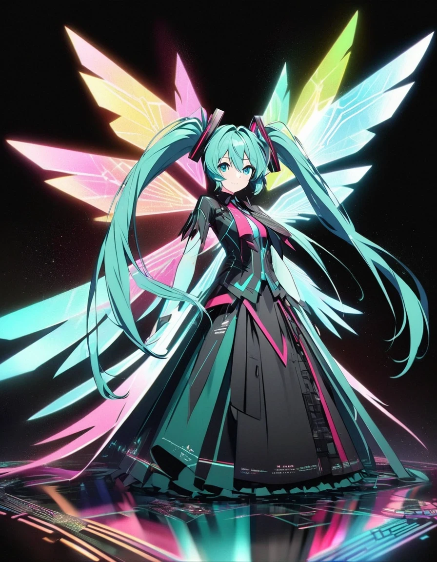 in style of Light tracing ,Hatsune Miku&#39;s back wearing wings，Wear iconic outfits and hairstyles，Green extra long double ponytails，Ethereal Holographic Center, neon wings, Founding Angel, Transparent holographic existence, projection mapping，black background，in style of data visualization design , beautiful details