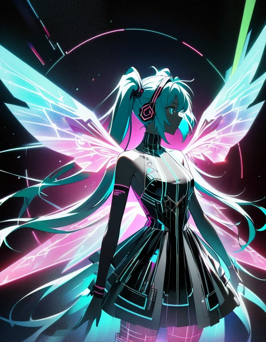 in style of Light tracing ,Hatsune Miku&#39;s back wearing wings，Wear iconic outfits and hairstyles，Green extra long double ponytails，Ethereal Holographic Center, neon wings, Founding Angel, Transparent holographic existence, projection mapping，black background，in style of data visualization design , beautiful details