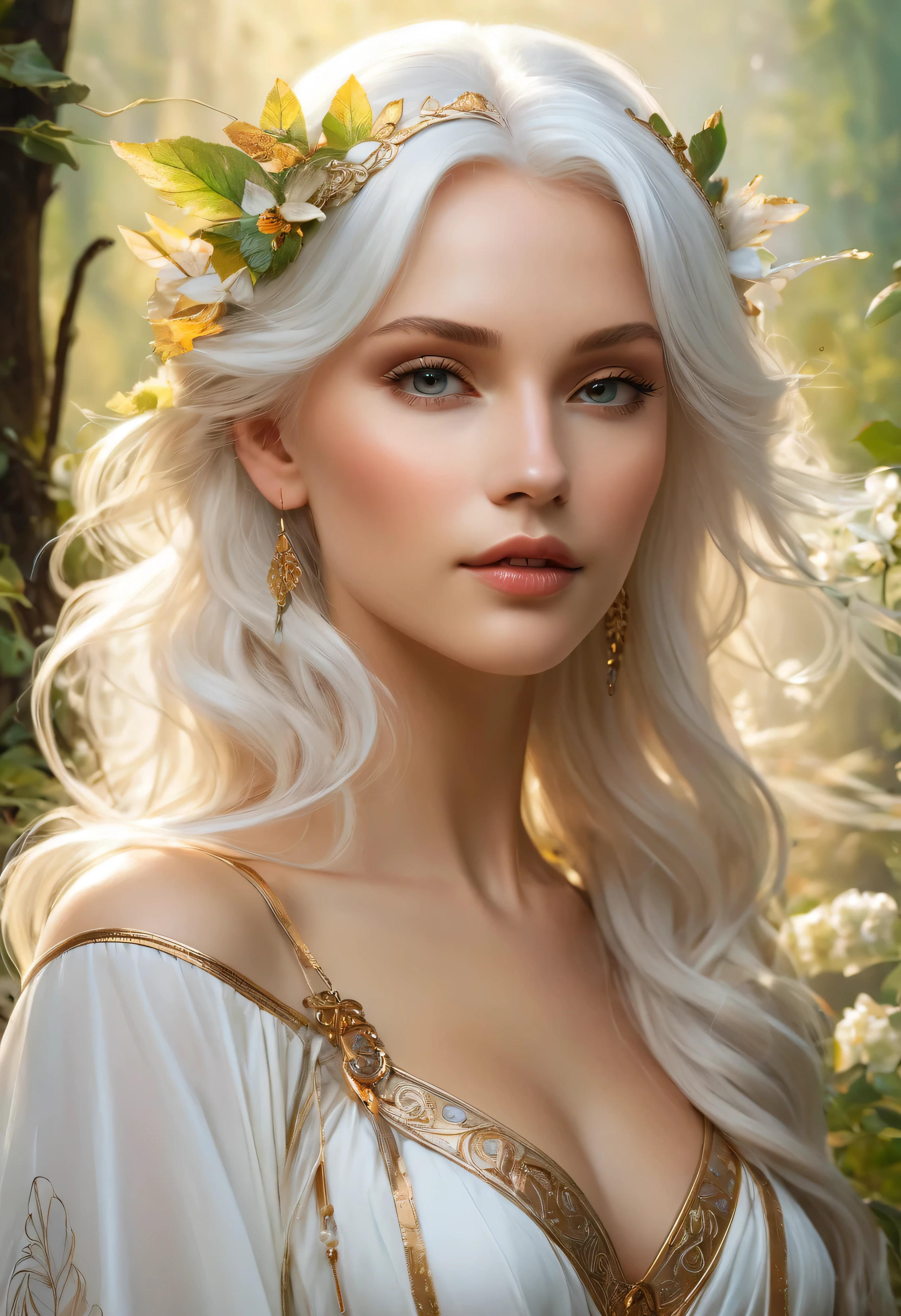 Elfenjungfrau:White woman:elegant:Mori-Leute: elfen-kleidung: Mit goldigenfaden bestickte Kleidung auf magische jungel Hintergrund:detailliert:, White skin:transparent eterisch, whole body, nice profile:Nordic beauty:Scheint nett zu sein: sehr jung, white hair:shiny and smooth, starker Bogen, Yazuki, Waldhintergrund, magischer Wald, portrait, painted with oil paint, Fantasie, herr der Ringe Waldhintergrund, dynamische Komposition, Feel the wind, 14 Jahre alt, normale Ohren, mistische elfen style, Von der Seite, von Alfons Mucha, filmische Beleuchtung, UHD, Super Detail, 8k, Anatomisch korrekt, strukturierte Haut, hohe Details