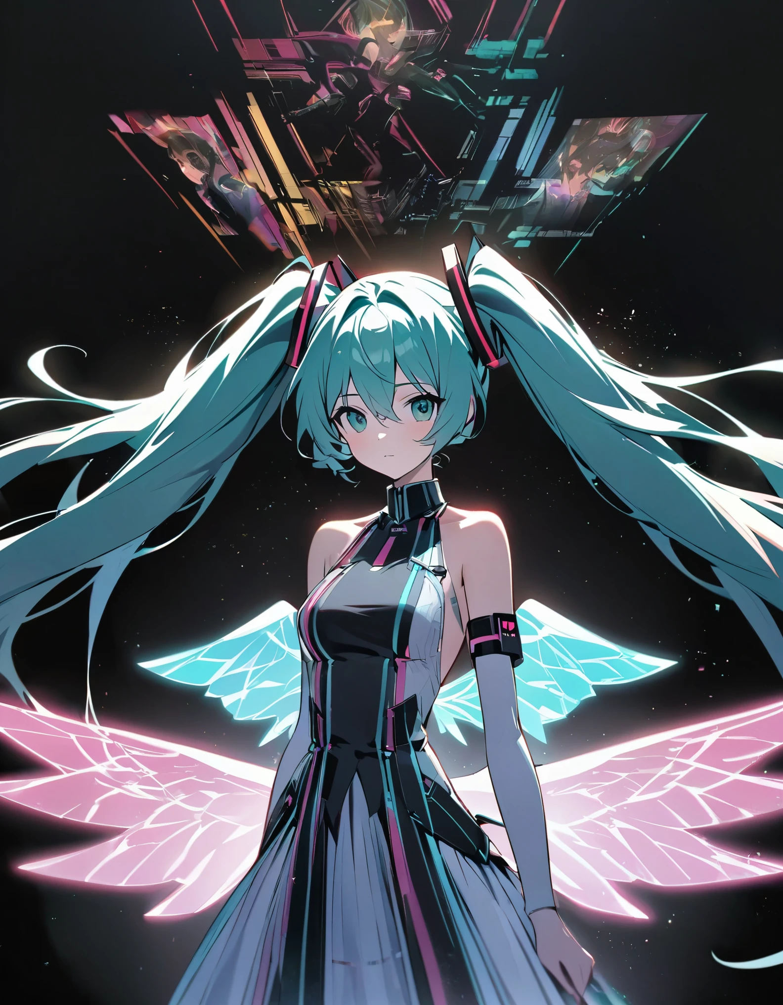 in style of Light tracing ,Hatsune Miku&#39;s back wearing wings，Wear iconic outfits and hairstyles，Green extra long double ponytails，Ethereal Holographic Center, neon wings, Founding Angel, Transparent holographic existence, projection mapping，black background