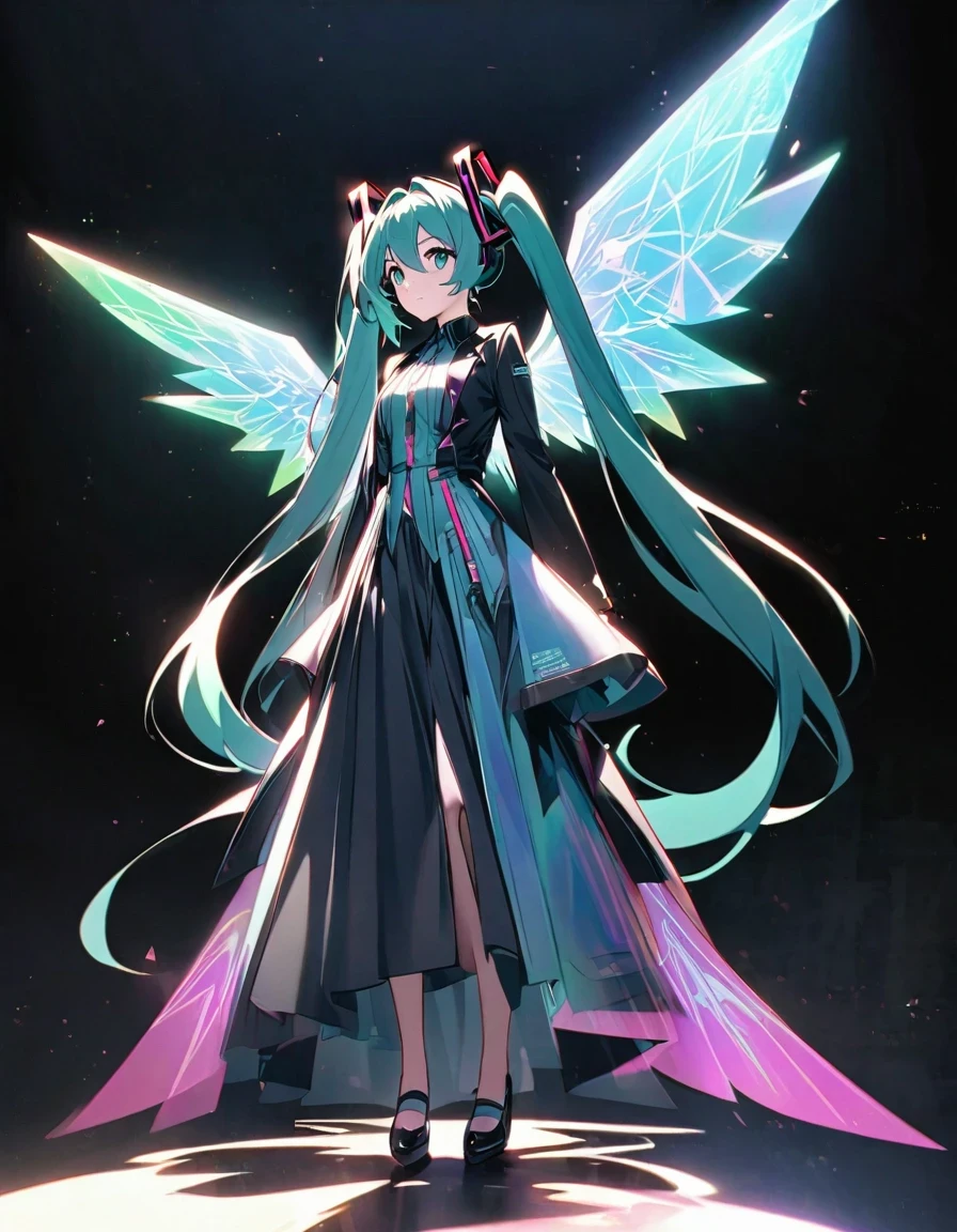 in style of Light tracing ,Hatsune Miku&#39;s back wearing wings，Wear iconic outfits and hairstyles，Green extra long double ponytails，Ethereal Holographic Center, neon wings, Founding Angel, Transparent holographic existence, projection mapping，black background