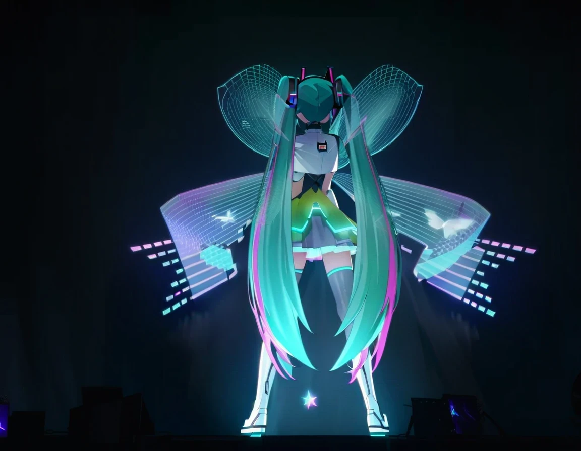 Hatsune Miku wears costume with wings and stars,  hatsune ，huge hologram, futuristic fashion show, hatsune future cosplay, Ethereal Holographic Center, neon wings, Founding Angel, Transparent holographic existence, projection mapping, Team Lab, Holographic projection, Holograms hover around her, Ghost in the Shell Geisha Robot