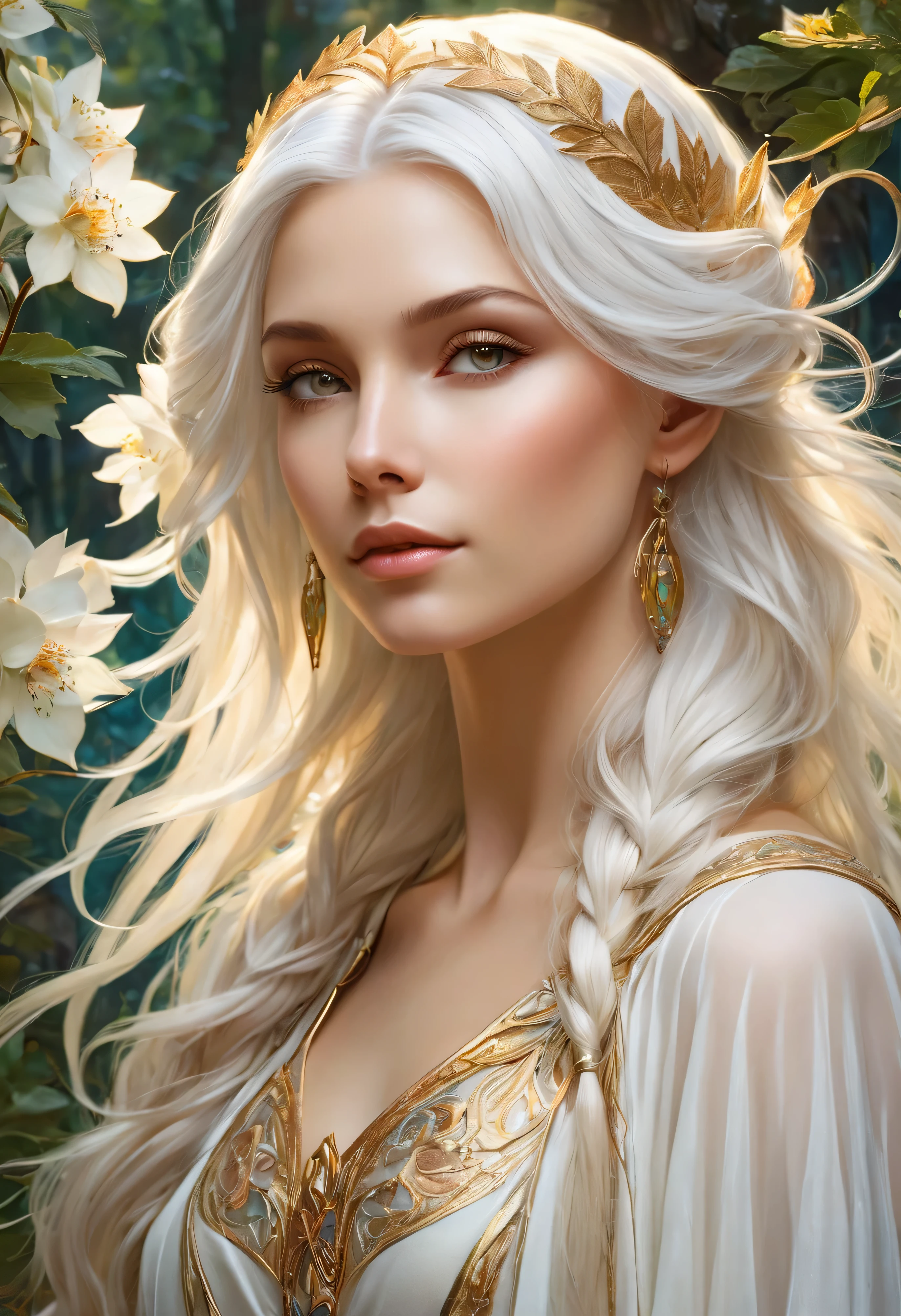 Elfenjungfrau:White woman:elegant:Mori-Leute: elfen-kleidung: Mit goldigenfaden bestickte Kleidung auf magische jungel Hintergrund:detailliert:, White skin:transparent eterisch, whole body, nice profile:Nordic beauty:Scheint nett zu sein: sehr jung, white hair:shiny and smooth, starker Bogen, Yazuki, Waldhintergrund, magischer Wald, portrait, painted with oil paint, Fantasie, herr der Ringe Waldhintergrund, dynamische Komposition, Feel the wind, 14 Jahre alt, normale Ohren, mistische elfen style, Von der Seite, von Alfons Mucha, filmische Beleuchtung, UHD, Super Detail, 8k, Anatomisch korrekt, strukturierte Haut, hohe Details