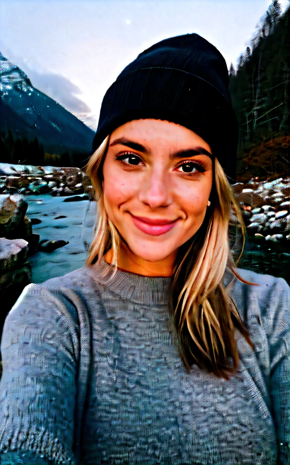photograph, photo of beautiful woman, selfie, upper body, solo, wearing pullover, outdoors, (night), mountains, real life nature, stars, moon, cheerful, happy, gloves, sweater, beanie, forest, rocks, river, wood, smoke, fog, looking at viewer, skin texture, photo grain, close up, RAW photo