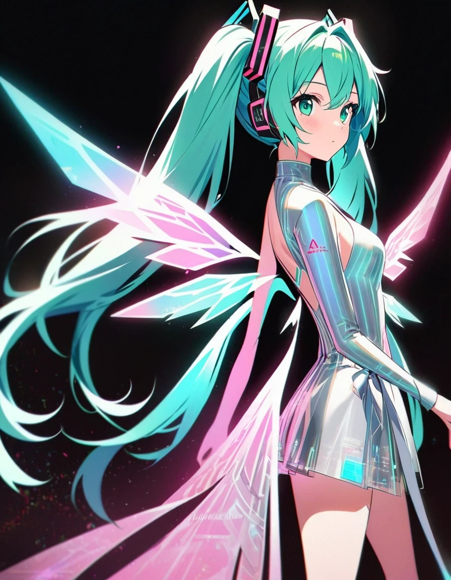 in style of Light tracing ,Hatsune Miku&#39;s back wearing wings，Wear iconic outfits and hairstyles，Green extra long double ponytails，Ethereal Holographic Center, neon wings, Founding Angel, Transparent holographic existence, projection mapping，black background，in style of data visualization design , beautiful details