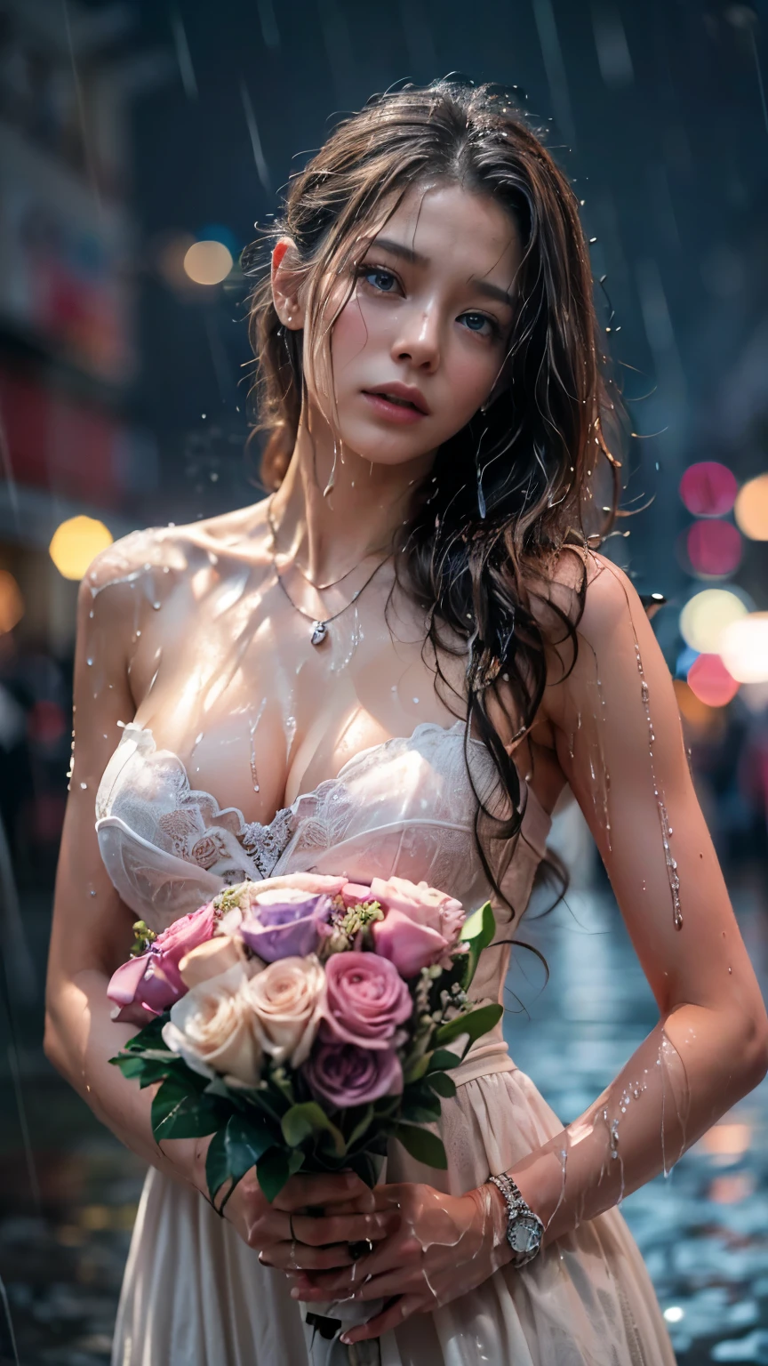 (RAW shooting, Photoreal:1.5, 8K, highest quality, masterpiece, ultra high resolution), perfect dynamic composition:1.2, In front of a church at night in a modern city, expression of sadness:0.7, ((((Typhoon heavy rain)))), Highly detailed skin and facial textures:1.2, Slim office lady wet in the rain:1.3, cowboy shot, Fair skin:1.2, sexy beauty:1.1, perfect style:1.2, beautiful and aesthetic:1.1, very beautiful face:1.2, water droplets on the skin, (rain drips all over my body:1.2, wet body:1.2, wet hair:1.3), (Holding a wet bouquet:1.2, wet pink wedding dress:1.3), (Medium chest, Bra see-through, Chest gap), (cry, lovelorn, The expression on your face when you feel intense caress, Facial expression when feeling pleasure), (beautiful blue eyes, Eyes that feel beautiful eros:0.8), (Too erotic:0.9, Bewitching:0.9), necklace, earrings, bracelet