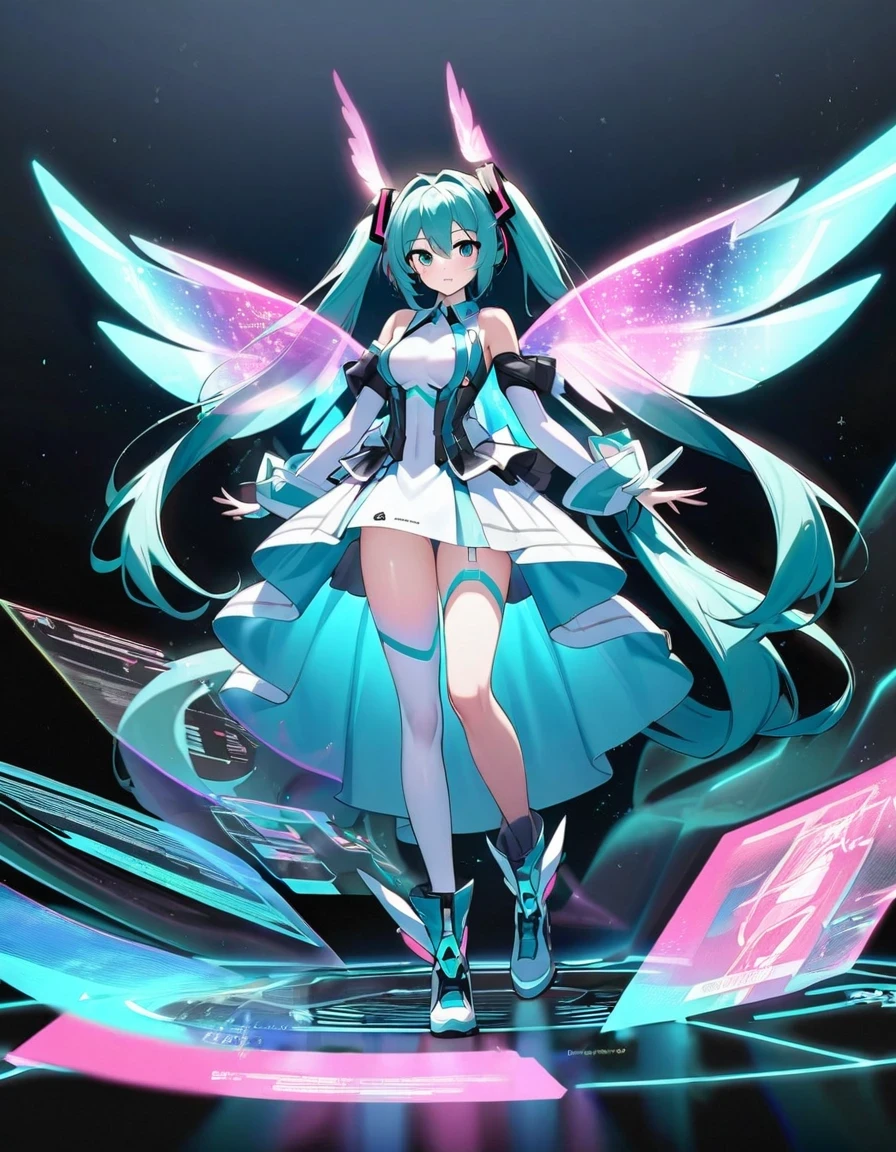 in style of blueprint art  ,Hatsune Miku carries a pair of transparent wings，back view，Wear iconic outfits and hairstyles，Green extra long double ponytails，Ethereal Holographic Center, neon wings, Founding Angel, Transparent holographic existence, projection mapping，Beautiful details on black background