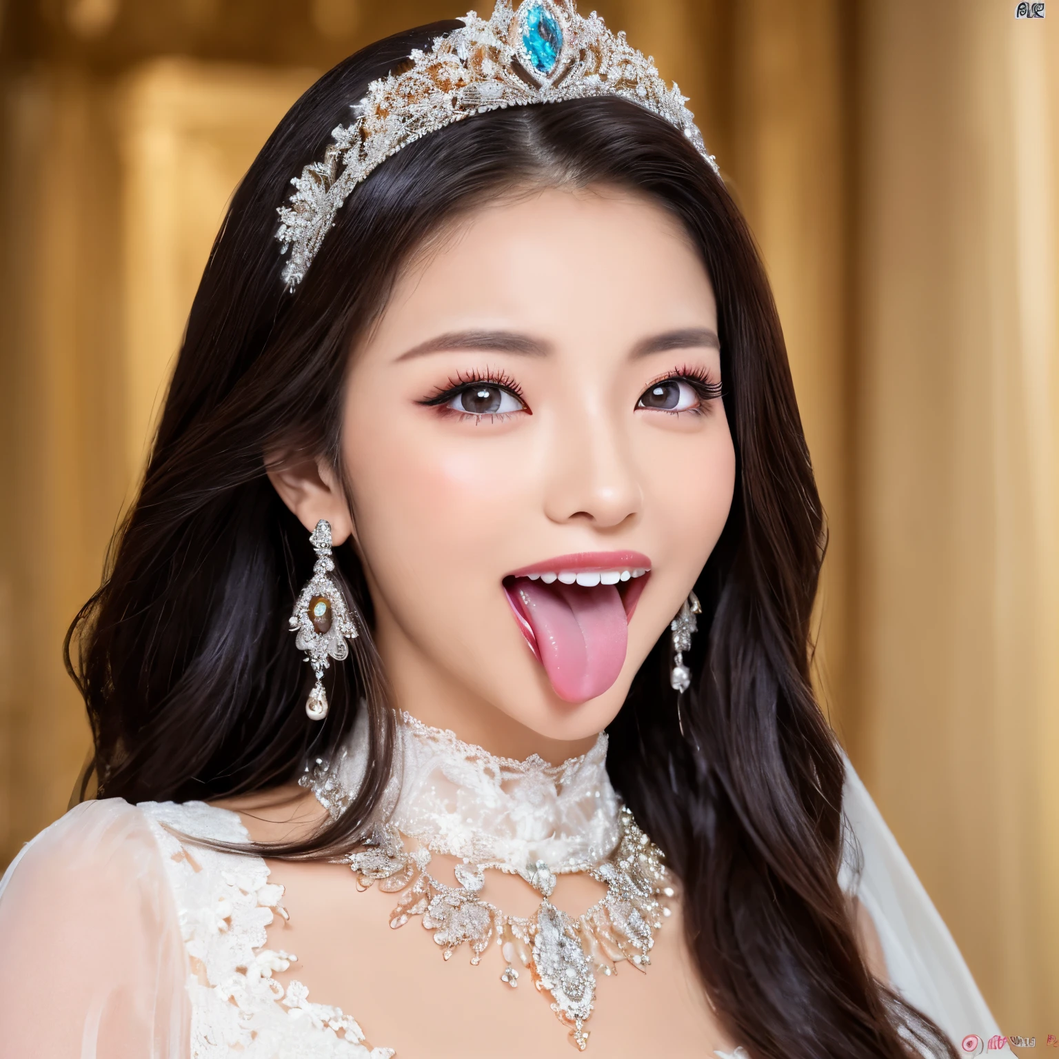 (highest quality、table top、8K、best image quality、Award-winning work)、one beautiful bride、(alone:1.1)、(The most extravagant and finest huge wedding dresses:1.1)、(perfect wedding lace:1.2)、(The most luxurious and finest giant tiara:1.1)、(The most luxurious and finest giant necklace:1.1)、Blurred luxury whitechapel background、Large quantity of finest jewelry ornaments、(upper body photo:1.1)、perfect makeup、long eyelashes、Super high-definition sparkling eyes、ultra high definition hair、ultra high resolution glossy lips、Super high resolution perfect teeth、Beautiful face in super high resolution、(accurate anatomy:1.1)、(Beautiful skin that shines very brightly:1.2)、(very bright and vivid:1.2)、(Smile and extend your beautiful tongue:1.3)