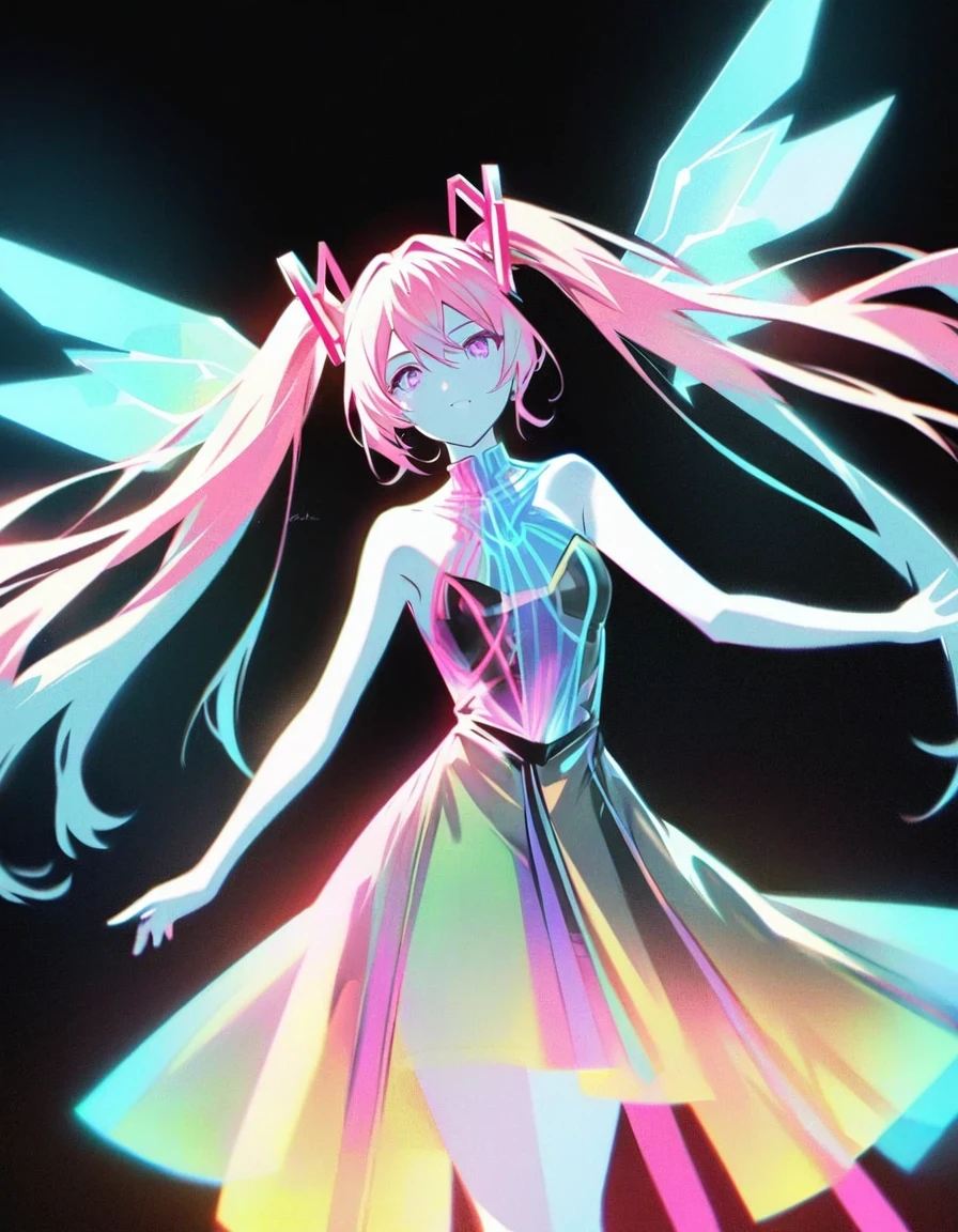 in style of Light tracing ,Hatsune Miku&#39;s back wearing wings，Wear iconic outfits and hairstyles，Green extra long double ponytails，Ethereal Holographic Center, neon wings, Founding Angel, Transparent holographic existence, projection mapping，black background