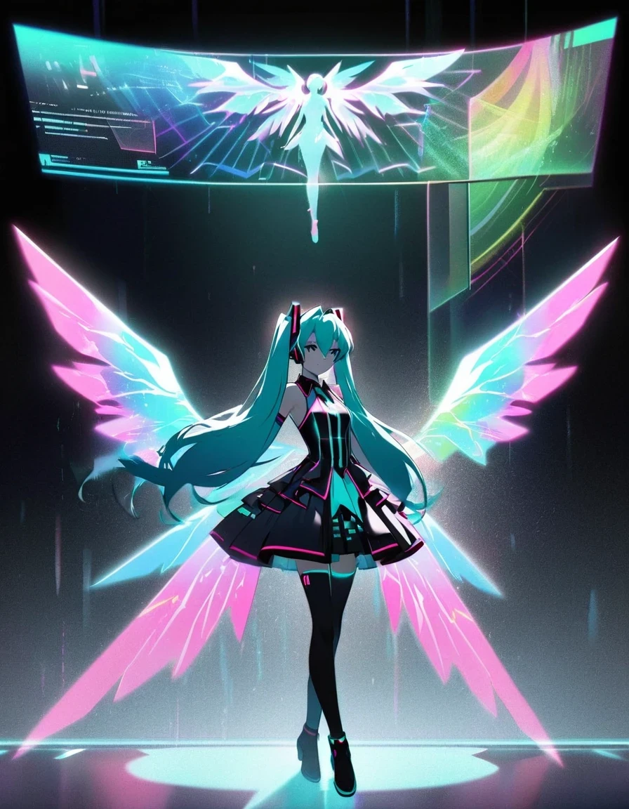 in style of Light tracing ,Hatsune Miku&#39;s back wearing wings，Wear iconic outfits and hairstyles，Green extra long double ponytails，Ethereal Holographic Center, neon wings, Founding Angel, Transparent holographic existence, projection mapping，black background