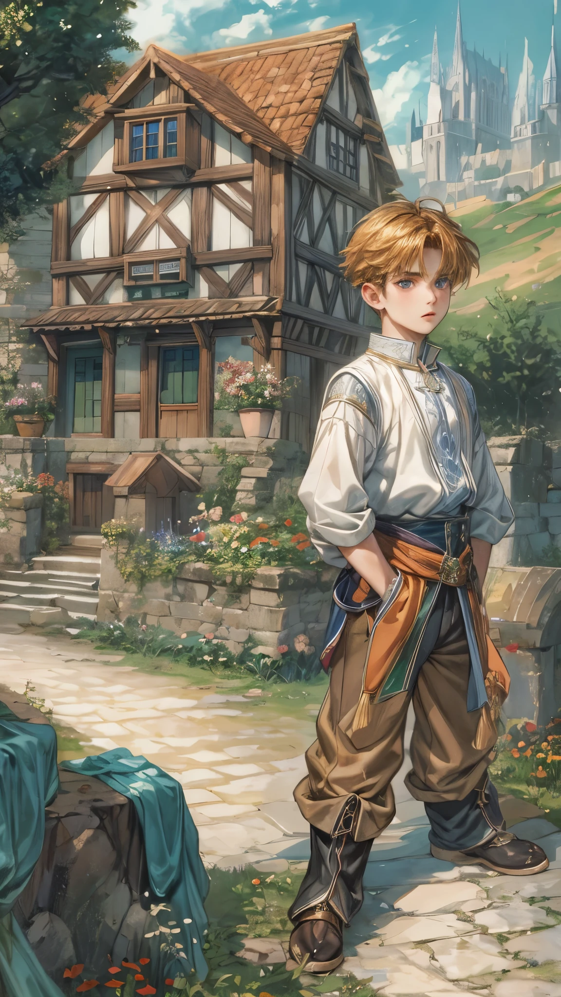 (masterpiece,best quality,ultra_detailed,highres,absurdres),1boy, perfect face, handsome, shorthair, character from gba game shining force, detailed scenery of town england style, detailed character 