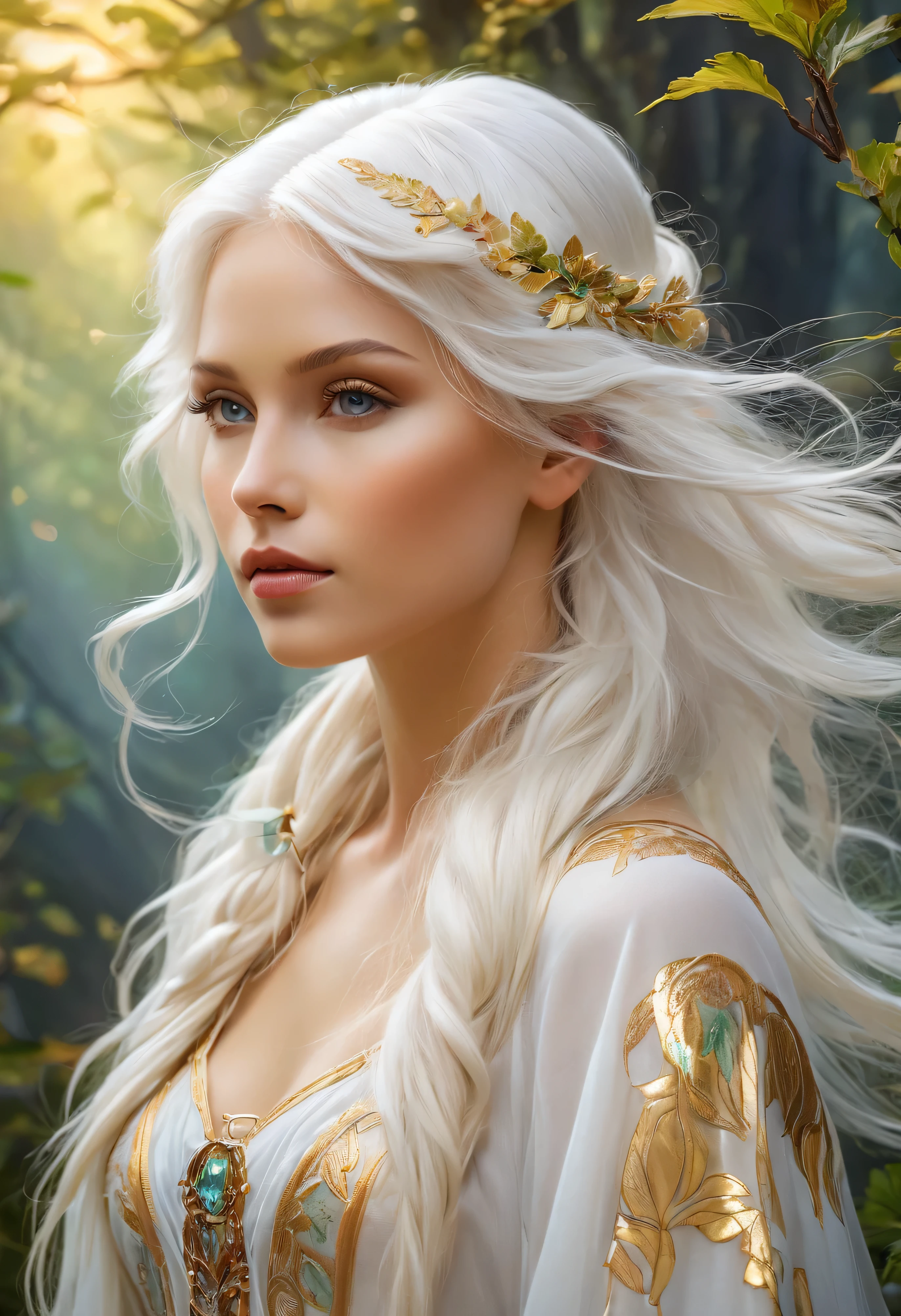 Elfenjungfrau:white virgin:edel inocent: Mori-Leute: elfen-kleidung: Mit goldigenfaden bestickte Kleidung auf magische jungel Hintergrund:detailliert:, White skin:transparent eterisch, whole body, nice profile:Nordic beauty:Scheint nett zu sein: sehr jung, white hair:shiny and smooth, starker Bogen, Yazuki, Waldhintergrund, magischer Wald, portrait, painted with oil paint, Fantasie, herr der Ringe Waldhintergrund, dynamische Komposition, Feel the wind, , normale Ohren, mistische elfen style, Von der Seite, von Alfons Mucha, filmische Beleuchtung, UHD, Super Detail, 8k, Anatomisch korrekt, strukturierte Haut, hohe Details