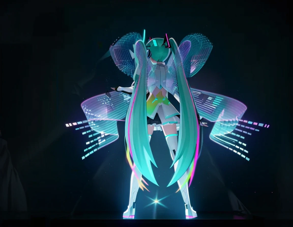 Hatsune Miku wears costume with wings and stars,  hatsune ，huge hologram, futuristic fashion show, hatsune future cosplay, Ethereal Holographic Center, neon wings, Founding Angel, Transparent holographic existence, projection mapping, Team Lab, Holographic projection, Holograms hover around her, Ghost in the Shell Geisha Robot