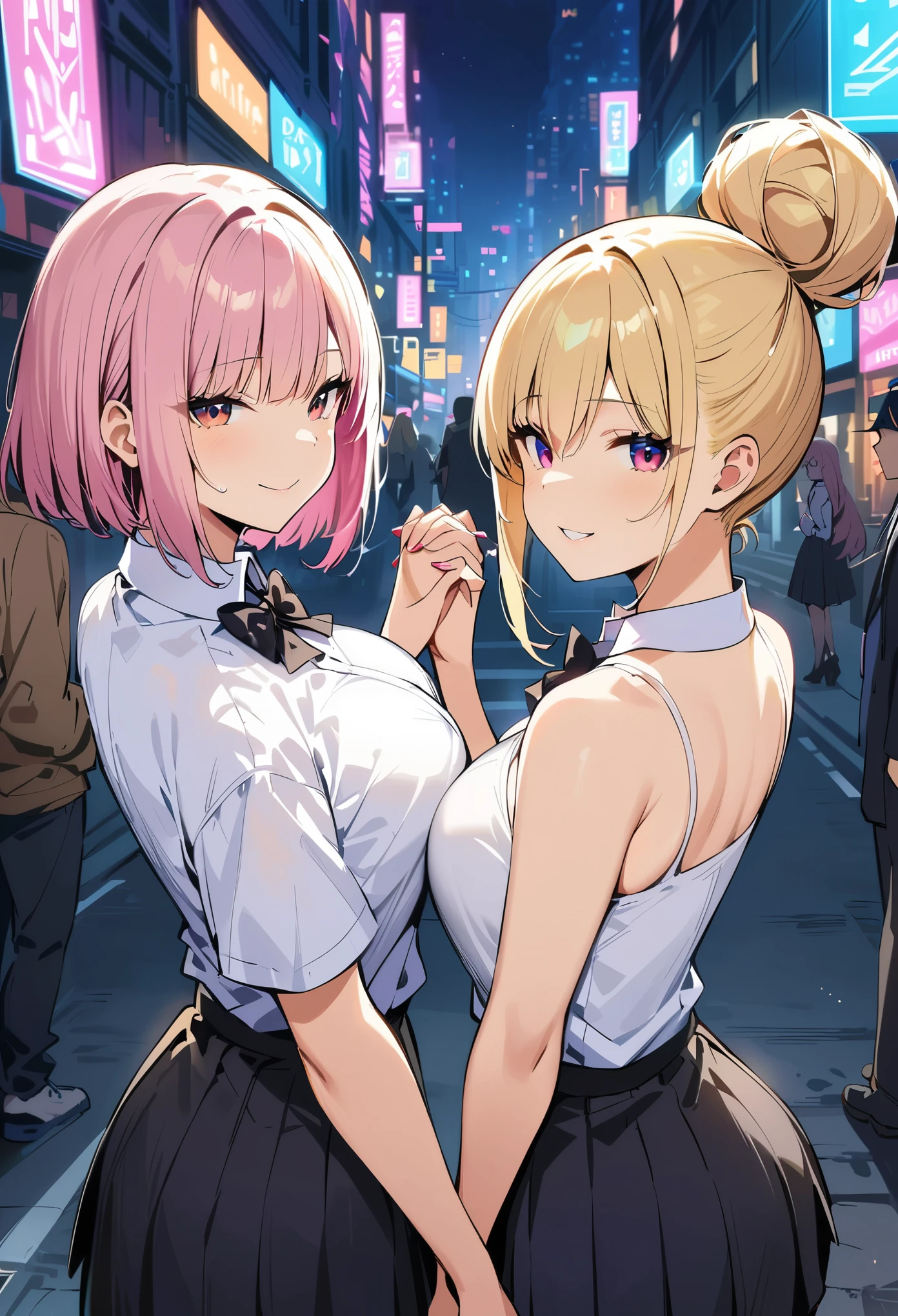 Cyberpunk City, Street, Night, neon light, neon sign, masterpiece, best quality, highres, JK,huge tit,2girls,1boy,a male kid's back, black bow,black bowtie,blonde hair,bow,bowtie,breasts,hair bun,holding hands,interlocked fingers,long hair,looking at viewer,multiple girls,pink hair,pleated skirt,shirt tucked in,short hair,skirt,smile,tented shirt