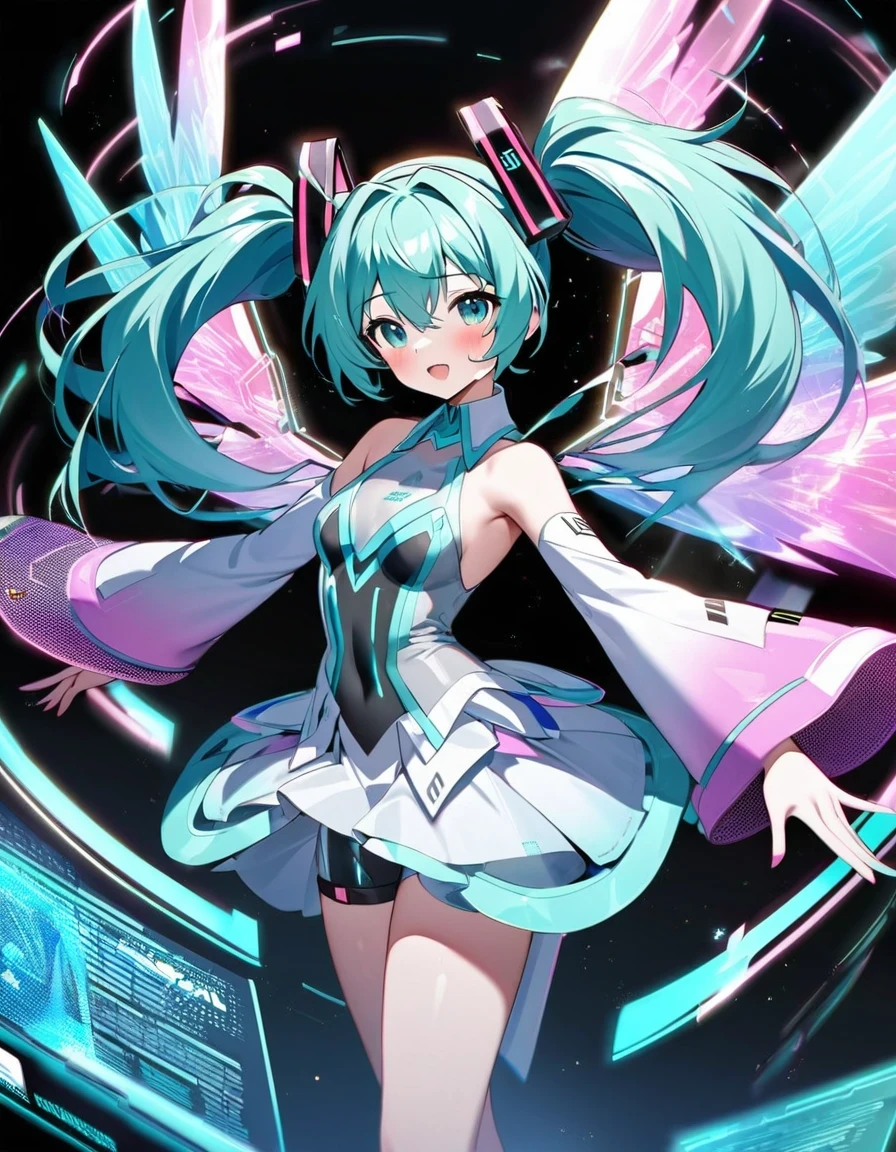 Hatsune Miku wears costume with wings and stars, hatsune ，huge hologram, futuristic fashion show, hatsune future cosplay, Ethereal Holographic Center, neon wings, Founding Angel, Transparent holographic existence,black background