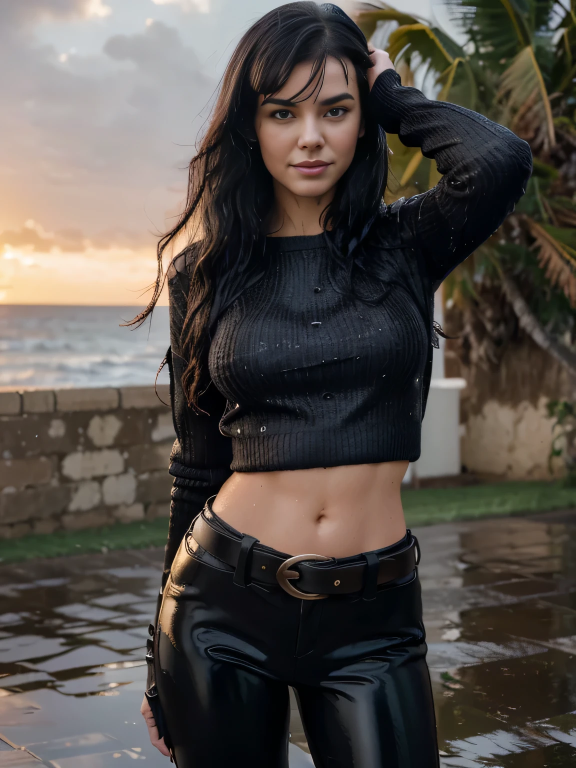 Foreground: a gorgeous soaked Bettie page, age 18, wet wavy black in the wind. she's a men magazine model, She has a subtle smile and flirts with the camera, (she wears completly soaked casual shirt , black gloves, with a long wool sweater and latex pants with big belt:1.2),background gorgeous modern bedroom,  heavy rain and rainstorm, strong wind,(in sunset light:1.2), perfect eyes, perfect hands, perfect body, perfect hair, perfect breast, hair behind ear, UHD, retina, masterpiece, accurate, anatomically correct, textured skin, super detail, high details, high quality, award winning, best quality, highres, 16k, 8k,