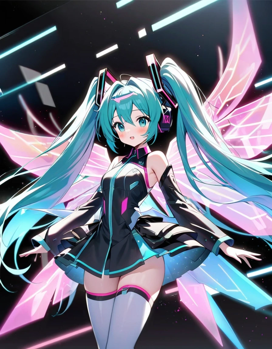 Hatsune Miku wears costume with wings and stars, hatsune ，huge hologram, futuristic fashion show, hatsune future cosplay, Ethereal Holographic Center, neon wings, Founding Angel, Transparent holographic existence,black background