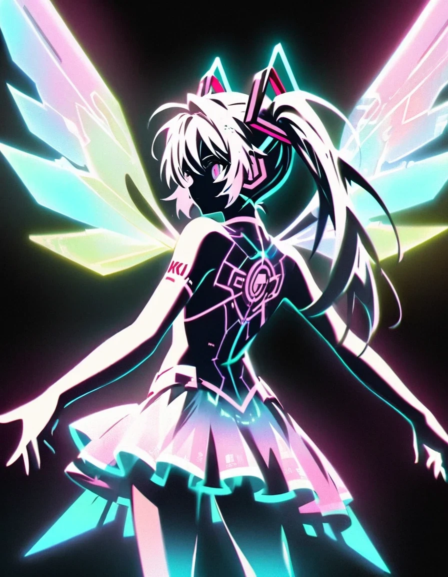 in style of Light tracing ,Hatsune Miku back，With wings，Ethereal Holographic Center, neon wings, Founding Angel, Transparent holographic existence, projection mapping，black background