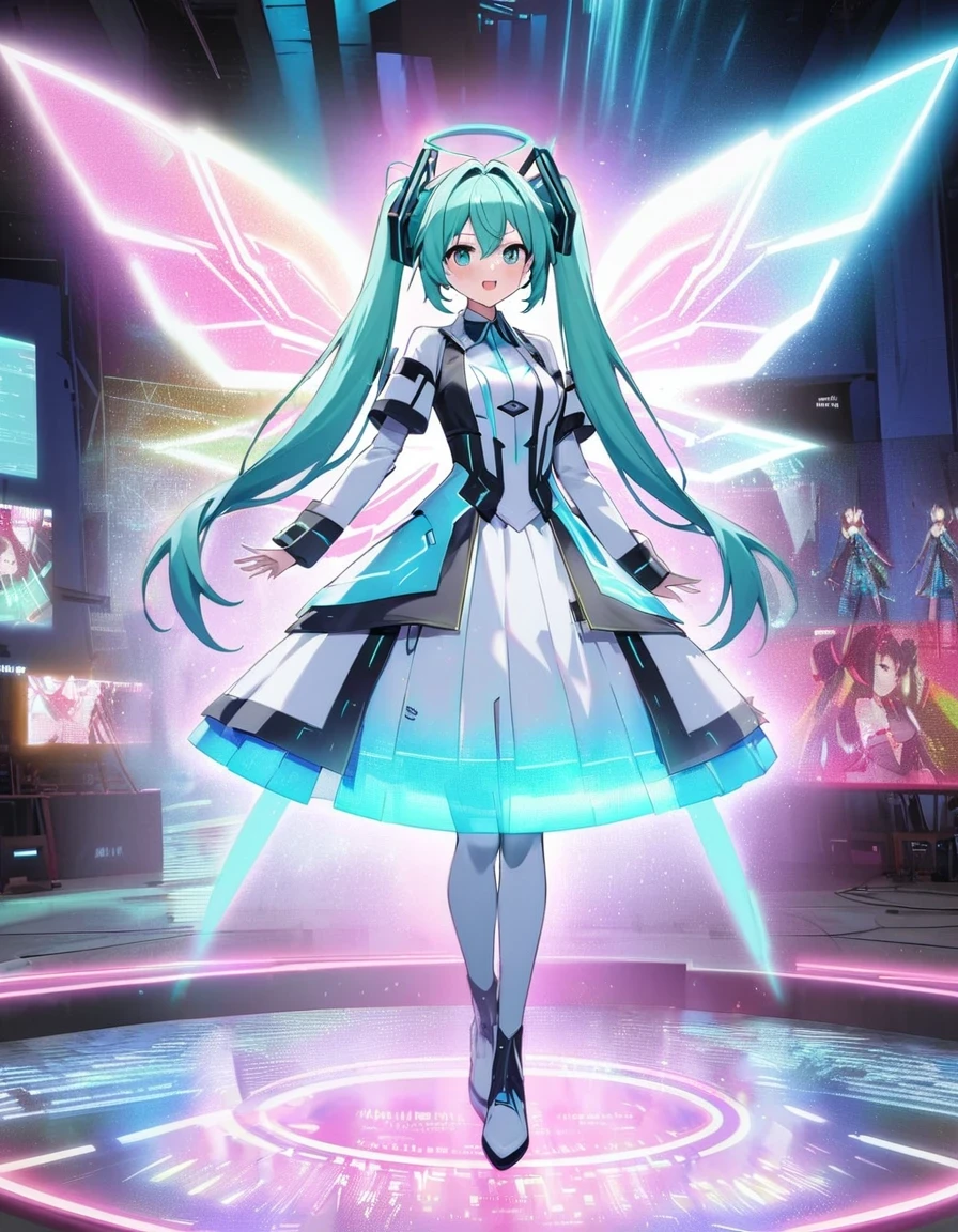 Hatsune Miku wears costume with wings and stars, hatsune ，huge hologram, futuristic fashion show, hatsune future cosplay, Ethereal Holographic Center, neon wings, Founding Angel, Transparent holographic existence, projection mapping, Team Lab, Holographic projection, Holograms hover around her, Ghost in the Shell Geisha Robot