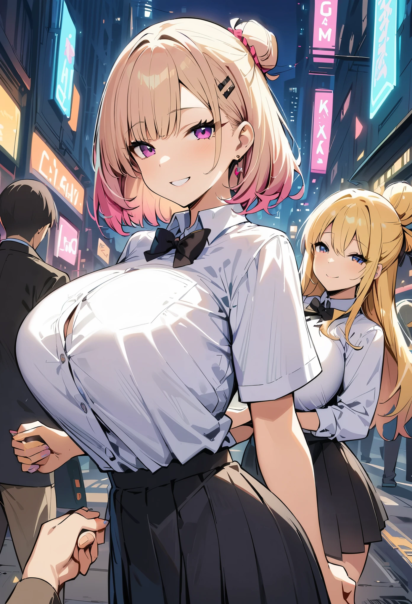 Cyberpunk City, Street, Night, neon light, neon sign, masterpiece, best quality, highres, JK,huge tit,2girls,1boy,a male 's back, black bow,black bowtie,blonde hair,bow,bowtie,breasts,hair bun,holding hands,interlocked fingers,long hair,looking at viewer,multiple girls,pink hair,pleated skirt,shirt tucked in,short hair,skirt,smile,tented shirt